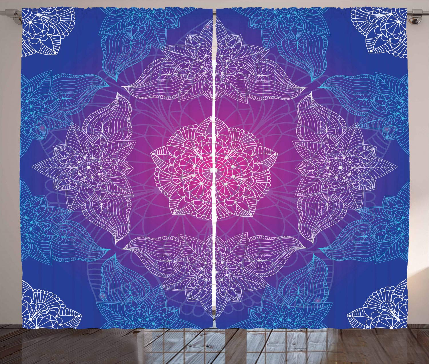 Ambesonne Purple Mandala Curtains - Psychedelic Oriental Floral Pattern in Filigree Style, 2 Panel Window Drapes for Living Room & Bedroom, 108