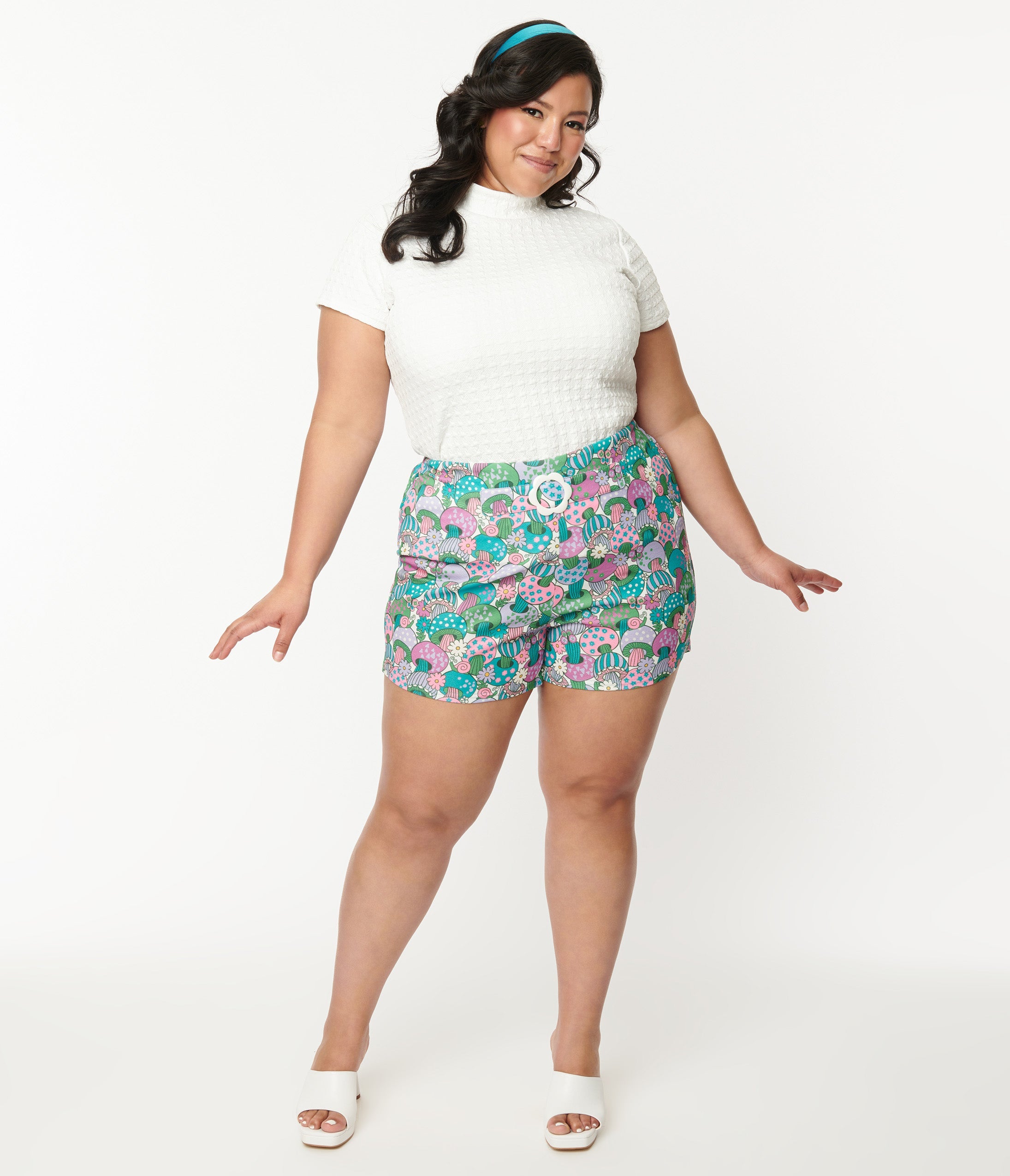 Smak Parlour Plus Size Teal Groovy Mushroom Print Shorts for Women - Comfortable & Stylish Casual Wear for Summer, Music Festivals & Beach Outings