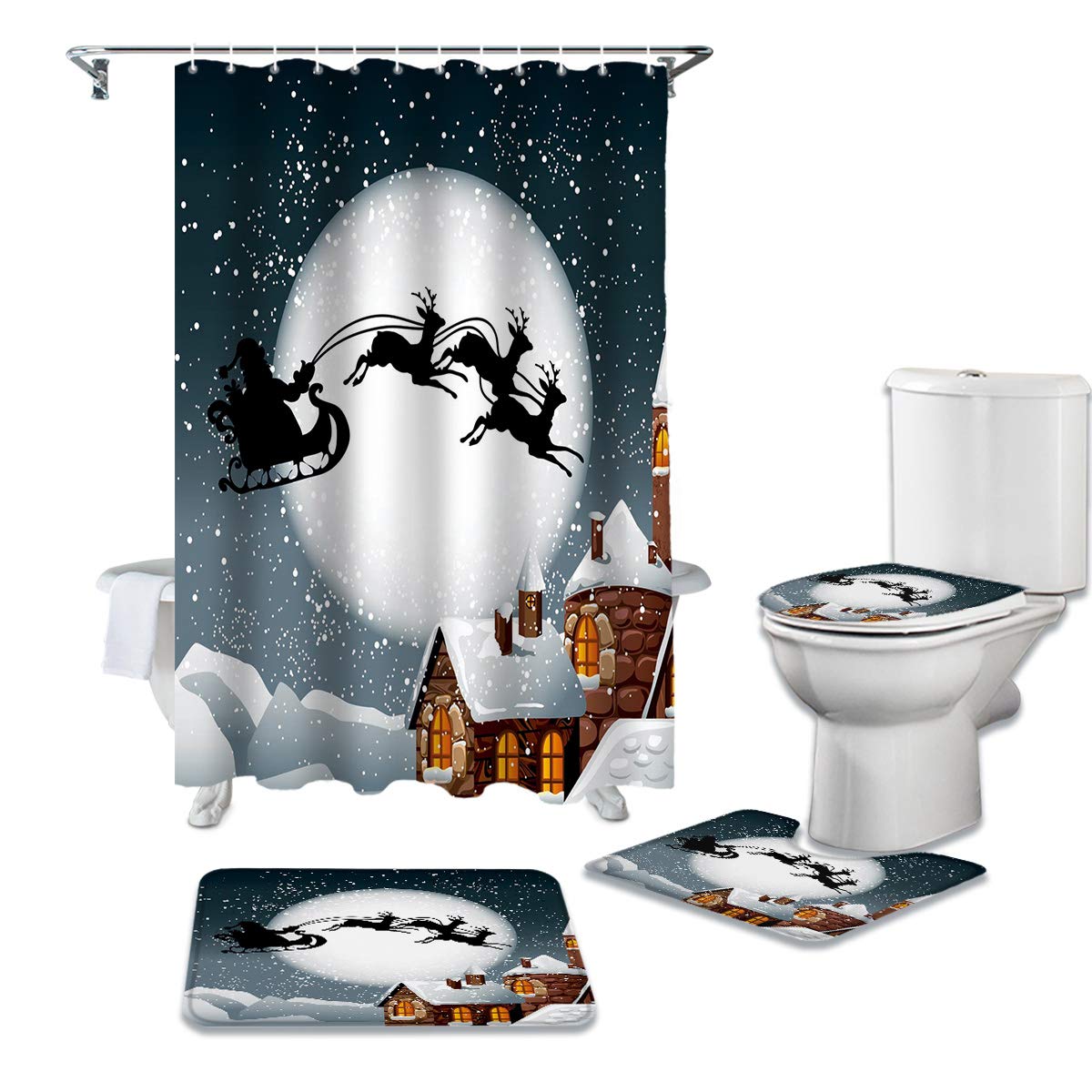 Non-Slip Christmas Bathroom Mat Set - 4PC Shower Rug & Toilet Cover for Holiday Decor