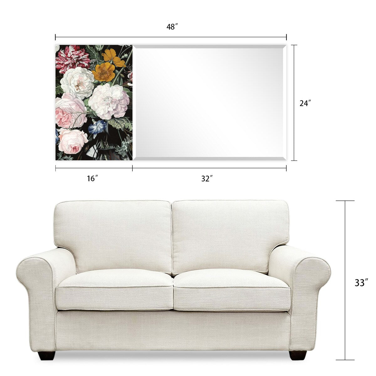 Bouquet Rectangular Beveled Mirror - Free Floating Printed Tempered Art Glass, Clear 24x48 Inches - Perfect for Bedroom, Bathroom & Living Room Decor