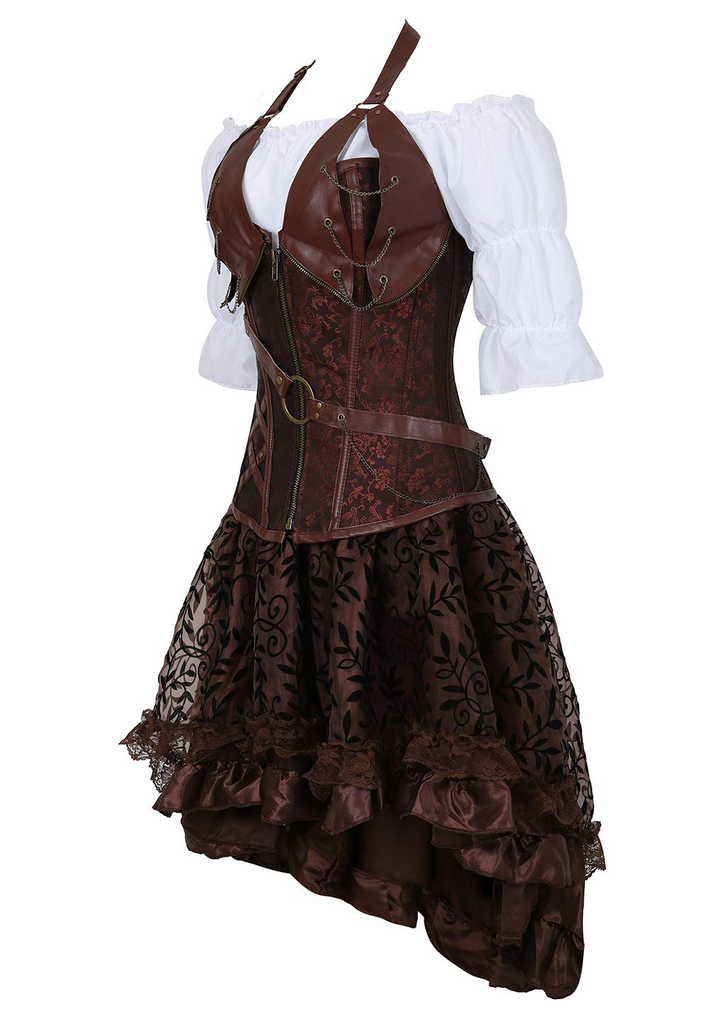 Steampunk Leather Corset Bustier & Skirt 3-Piece Outfit for Women - Victorian Gothic Costume, Cosplay, Burlesque & Halloween Party Attire