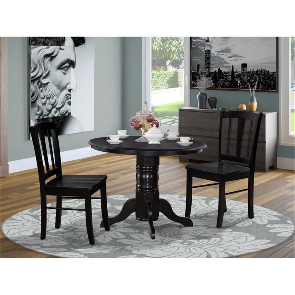 East West Furniture SHDL3-BLK-W 3-Piece Round Dining Table Set with Pedestal Base & 2 Chairs, 42x42 Inch, Black - Perfect for Small Spaces, Apartments & Cozy Kitchens
