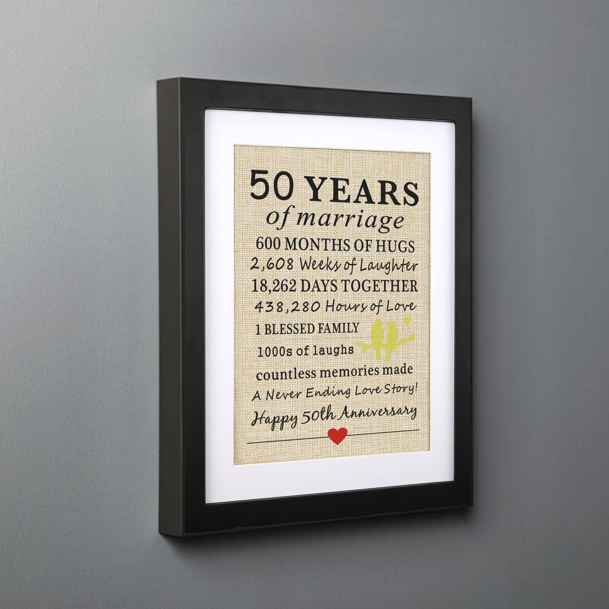 Corfara 50th Wedding Anniversary Burlap Print - Golden Anniversary Gift for Parents & Grandparents - Framed Decor for Couples' 50 Years of Marriage Celebration - Perfect for Home, Office & Anniversary Party Decorations