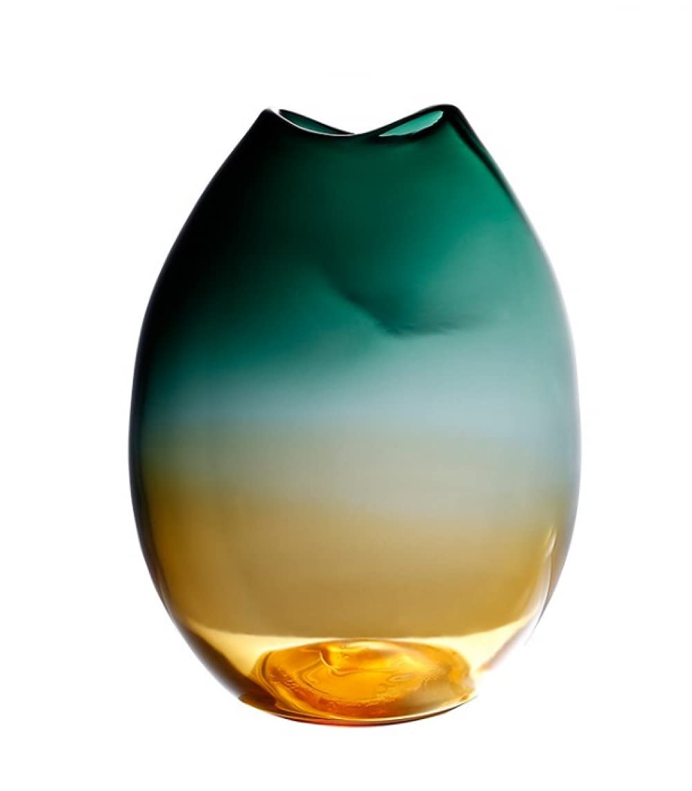 Art Glass Flower Vase - 9.5x12.6 Inch Handmade Green Home Decor Vase for Centerpieces, Wedding Decor & Living Room Decor