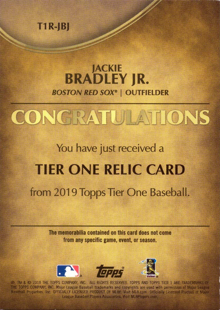 2019 Topps Tier One Relics #T1R-JBJ Jackie Bradley Jr. Game-Worn Red Sox Jersey Baseball Card - Limited Edition of 375 - Perfect for Sports Collectors and Boston Red Sox Fans
