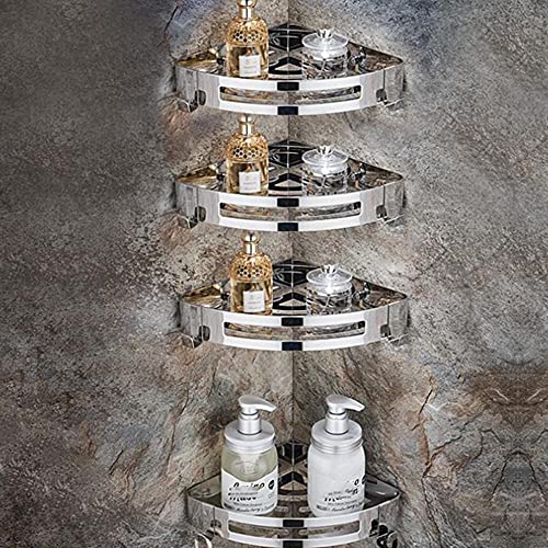 Stainless Steel Wall Mounted Shower Caddy with Hooks - No Drilling Adhesive Bathroom & Kitchen Organizer for Shampoo, Soap & Accessories - Perfect for Small Spaces & Corner Showers (Silver)