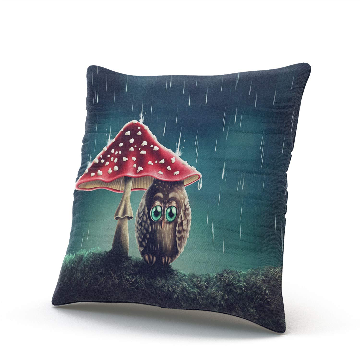 Little Owl Sitting Under Mushrooms Decorative Throw Pillow Cover - 16x16 Inch Square Hidden Zipper Double Sided Printed Custom Pillowcase - Perfect for Living Room, Bedroom & Nursery Decor