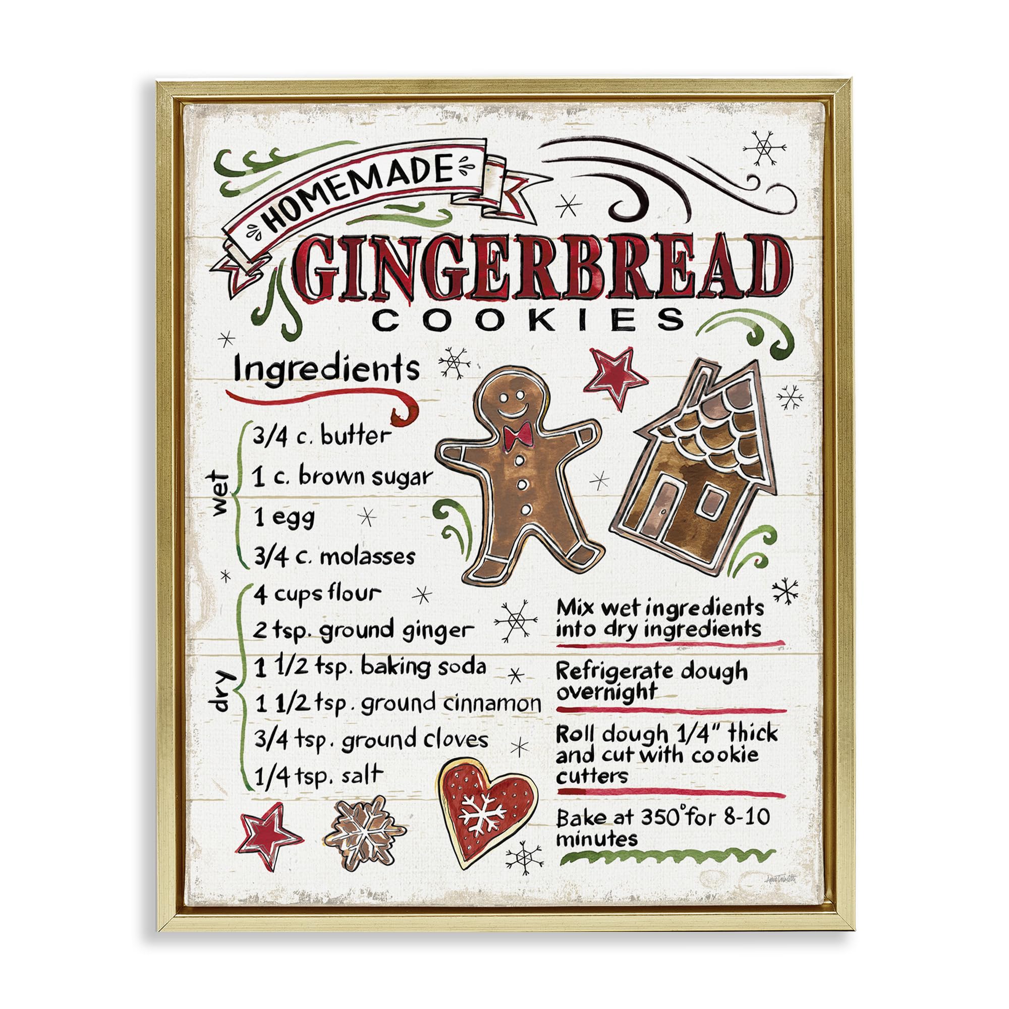 Stupell Industries Homemade Gingerbread Cookies Holiday Cooking Instructions - Anne Tavoletti Design | Perfect for Christmas Baking, Holiday Decor & Festive Kitchen Wall Art