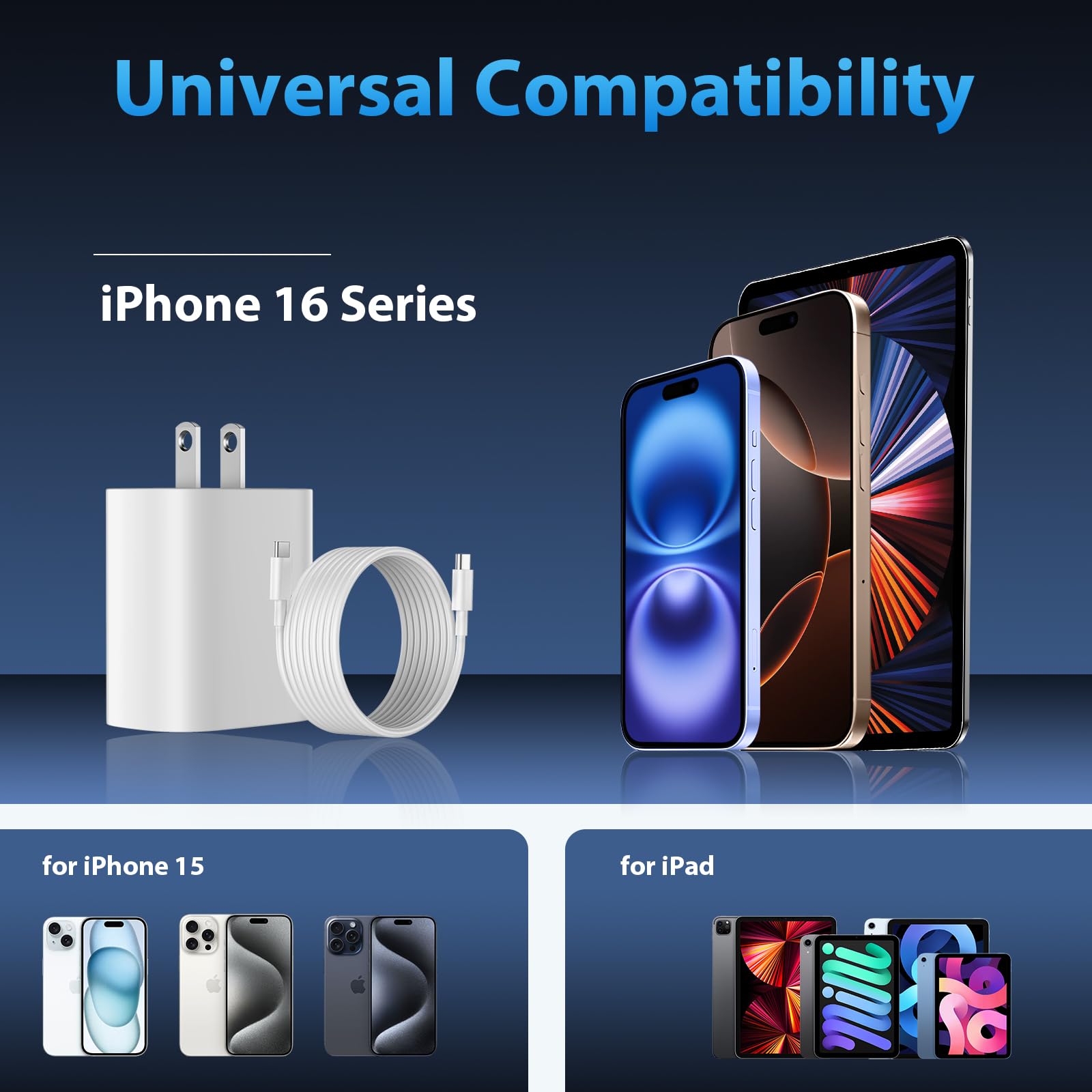 20W USB C Fast Charger Block with 10ft Cable - Compatible with iPhone 16/16 Pro/16 Pro Max/16 Plus/15/15 Pro/15 Pro Max & Galaxy S24 (3 Pack) - Perfect for Home, Office & Travel Charging