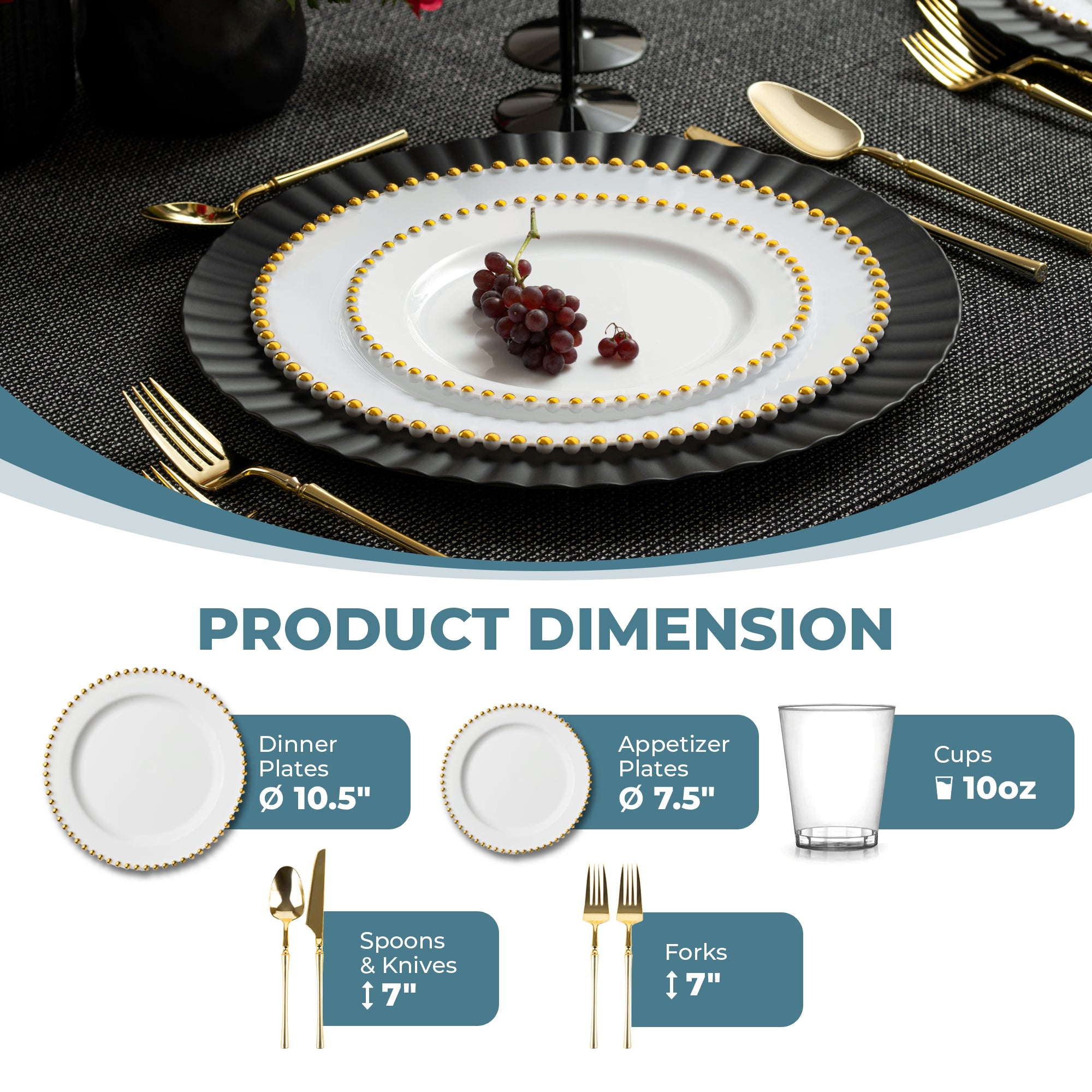 Elegant White & Gold Disposable Plastic Plates - Beaded Wedding Party Dinnerware Set for Bridal Showers, Receptions & Special Events