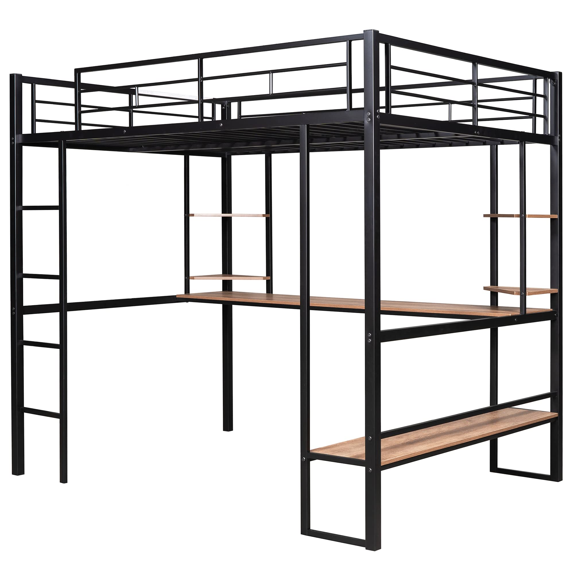 Full Size Metal Loft Bed Frame with Built-in Desk & Shelves - Sturdy Space-Saving Solution for Kids, Teens & Adults - Perfect for Small Bedrooms, Dorms & Studio Apartments (Black)