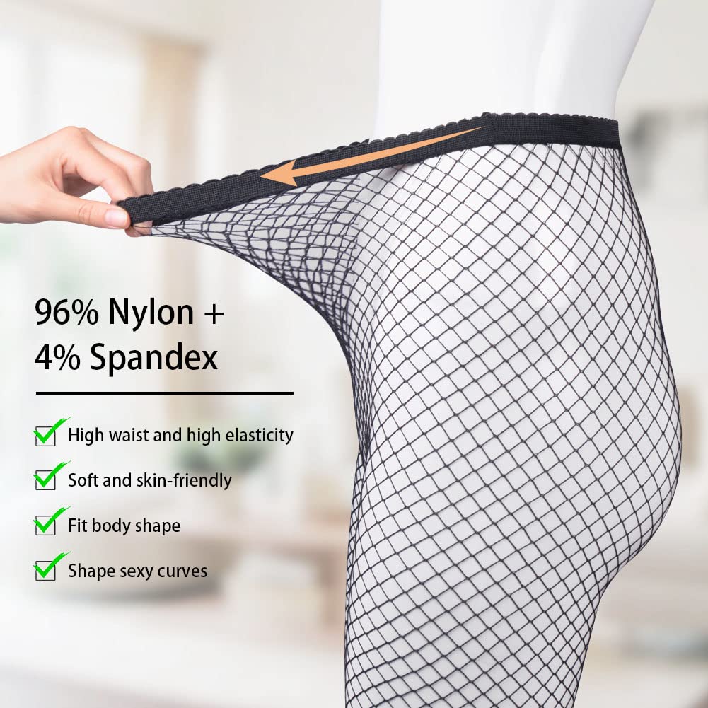 Aomig 4 PCS Black Fishnet Tights for Women - Sexy High Waist Pantyhose Stockings with Suspender, One Size Fits All - Perfect for Halloween, Cosplay, Burlesque & Night Out Outfits