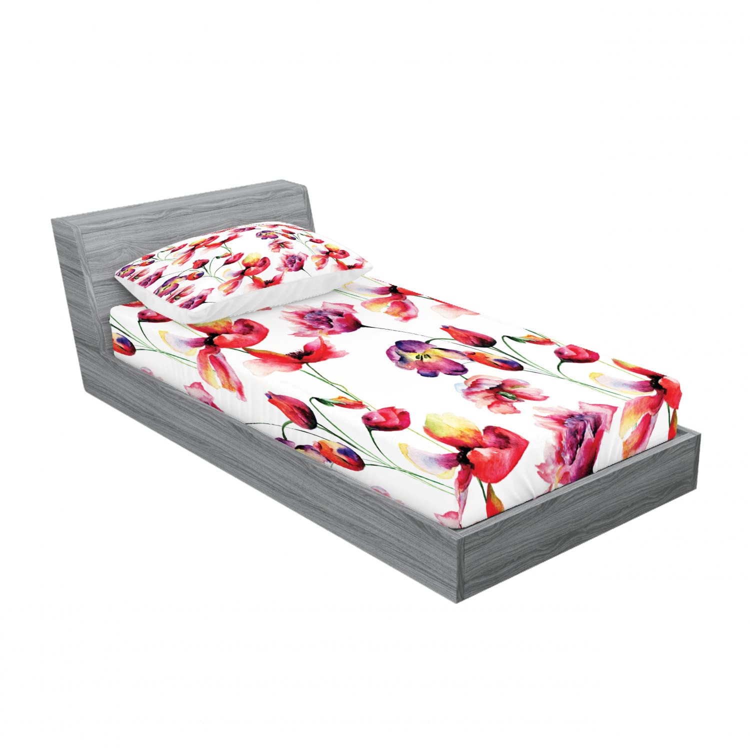 Ambesonne Floral 2-Pack Twin Fitted Sheet & Pillow Sham Set - Blooming Tulip Poppy Pattern, 4-Piece Bedding Decor (2 Fitted Sheets & 2 Pillow Covers) Red & White - Perfect for Guest Rooms, Dorm Decor, and Spring Bedroom Makeovers