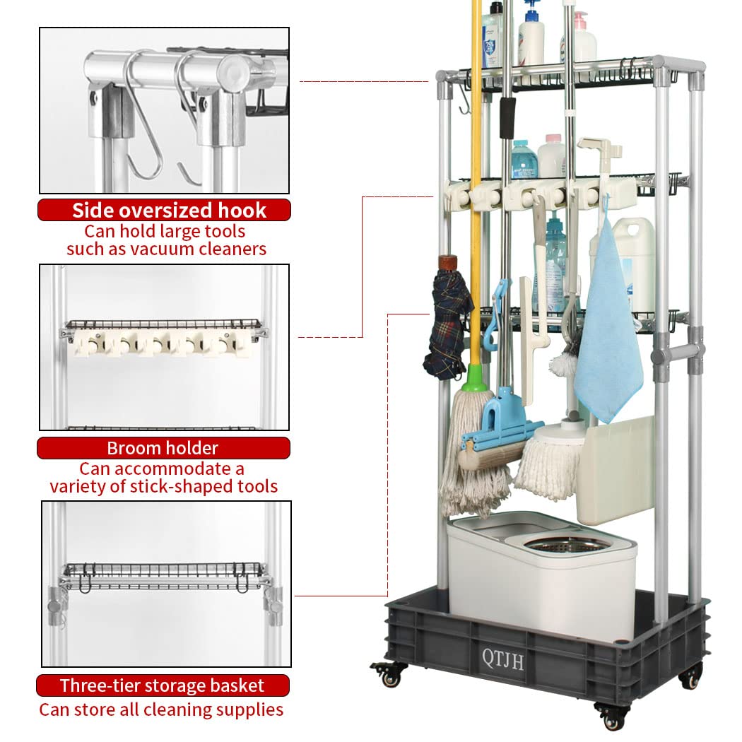 Steel Wire Storage Shelf & Broom Mop Holder - Heavy Duty Janitorial Cart Organizer for Cleaning Supplies | Perfect for Home, Garage & Commercial Use