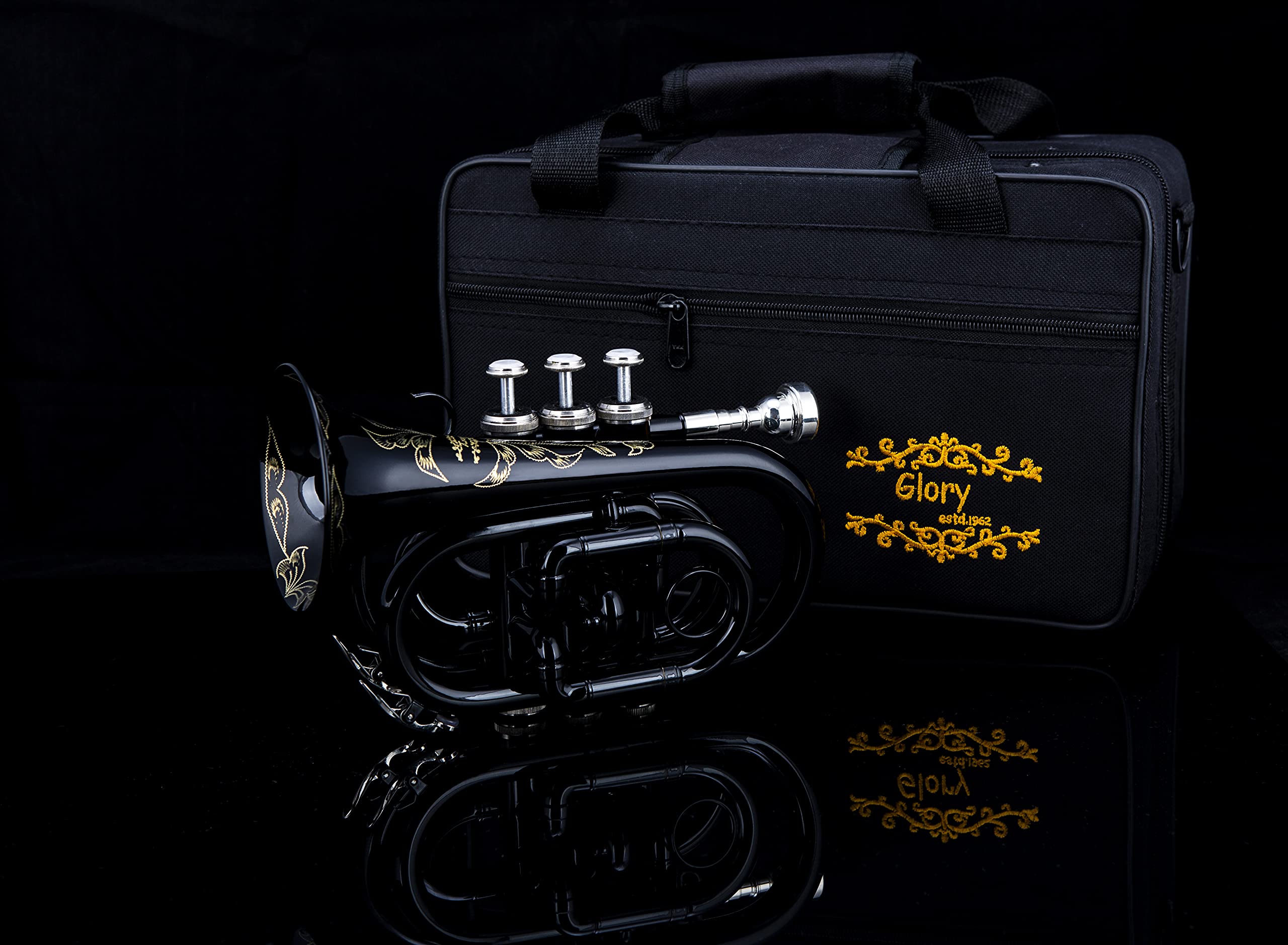 Glory Bb Pocket Trumpet with Hard Case - Professional Compact Brass Instrument for Travel & Practice | Includes Cleaning Cloth & Gloves | Perfect for Jazz, Beginners & Street Performers (Black)