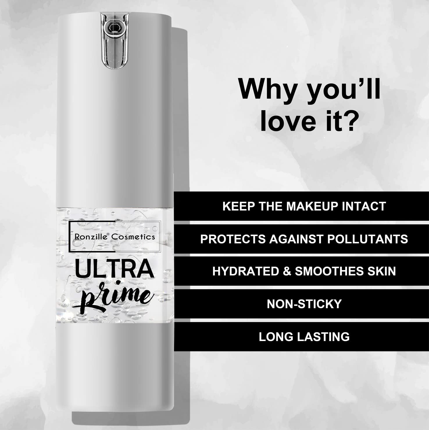RONZILLE Ultra Prime Makeup Face Primer - 25ml Silicone Finish Airless Pump (Transparent) | Smoothing Base for Flawless Makeup Application | Perfect for Daily Wear, Photo Shoots & Special Occasions