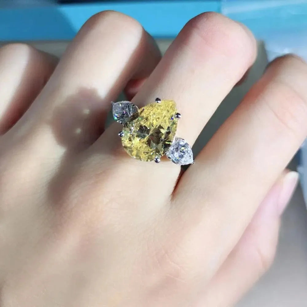 WUIHA Classic 925 Sterling Silver 3EX Pear Cut 6CT VVS Yellow Created Moissanite Wedding Engagement Ring - Customizable Fine Jewelry for Proposals, Anniversaries & Special Occasions