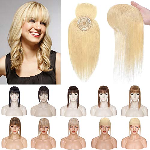 S-noilite 150% Density Human Hair Toppers with Bangs - Mono Base Clip-in Hairpiece for Women with Thinning Hair, Gray Hair or Hair Loss - 10 Inch 32g Bleach Blonde - Perfect for Daily Wear, Parties and Special Occasions