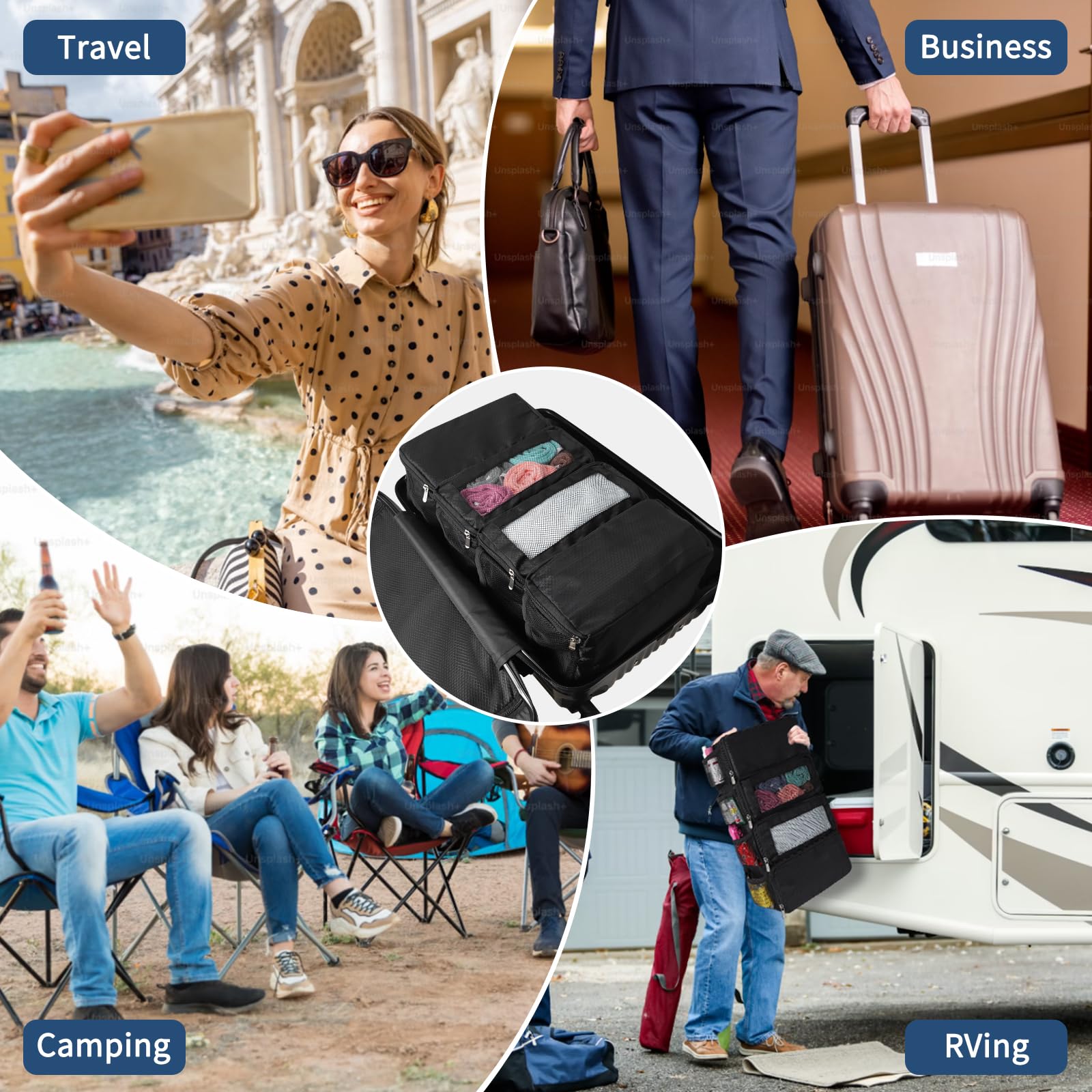 esouler Suitcase Organizer - Hanging Packing Cubes for Travel, Portable Collapsible Luggage Shelves for Carry-on Bags (Black, Small) | Perfect for Business Trips, Vacations & Weekend Getaways