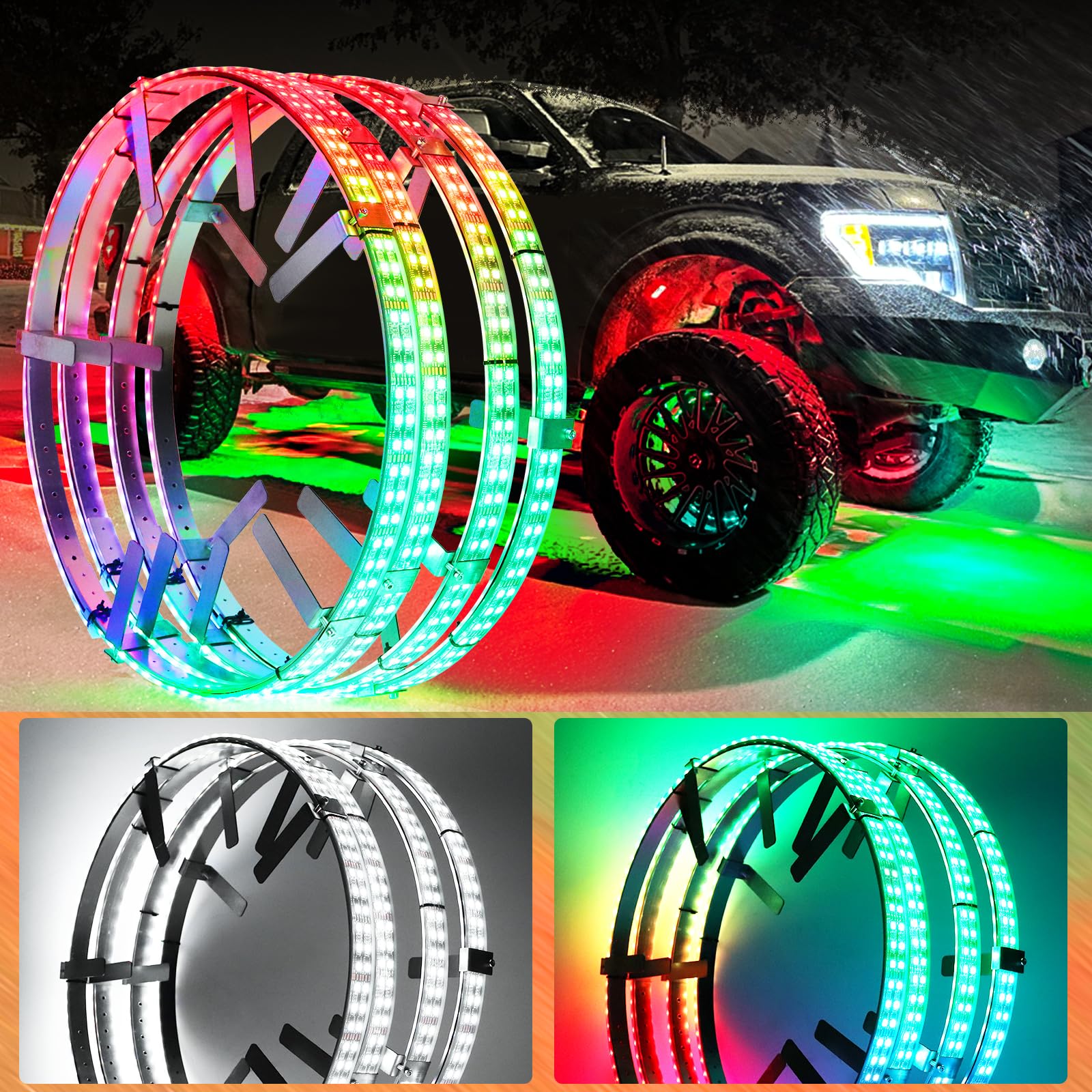 Adjustable 14-18 Inch 2-Rows RGBW LED Wheel Ring Lights with Switch - Color Changing Rim Lights for Trucks, Pickups, SUVs & Off-Road Vehicles (4 Wheels) - Perfect for Night Driving, Car Shows & Off-Road Adventures