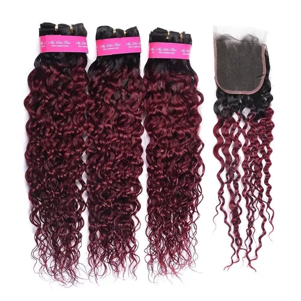 Ombre Brazilian Human Hair Weave 3 Bundles with Closure - 20 22 24+20 Inch Brazilian Water Wave Virgin Hair Extensions for Women | Unprocessed Wavy Bundles for Natural Look & Styling Versatility | Perfect for Daily Wear, Parties & Special Occasions