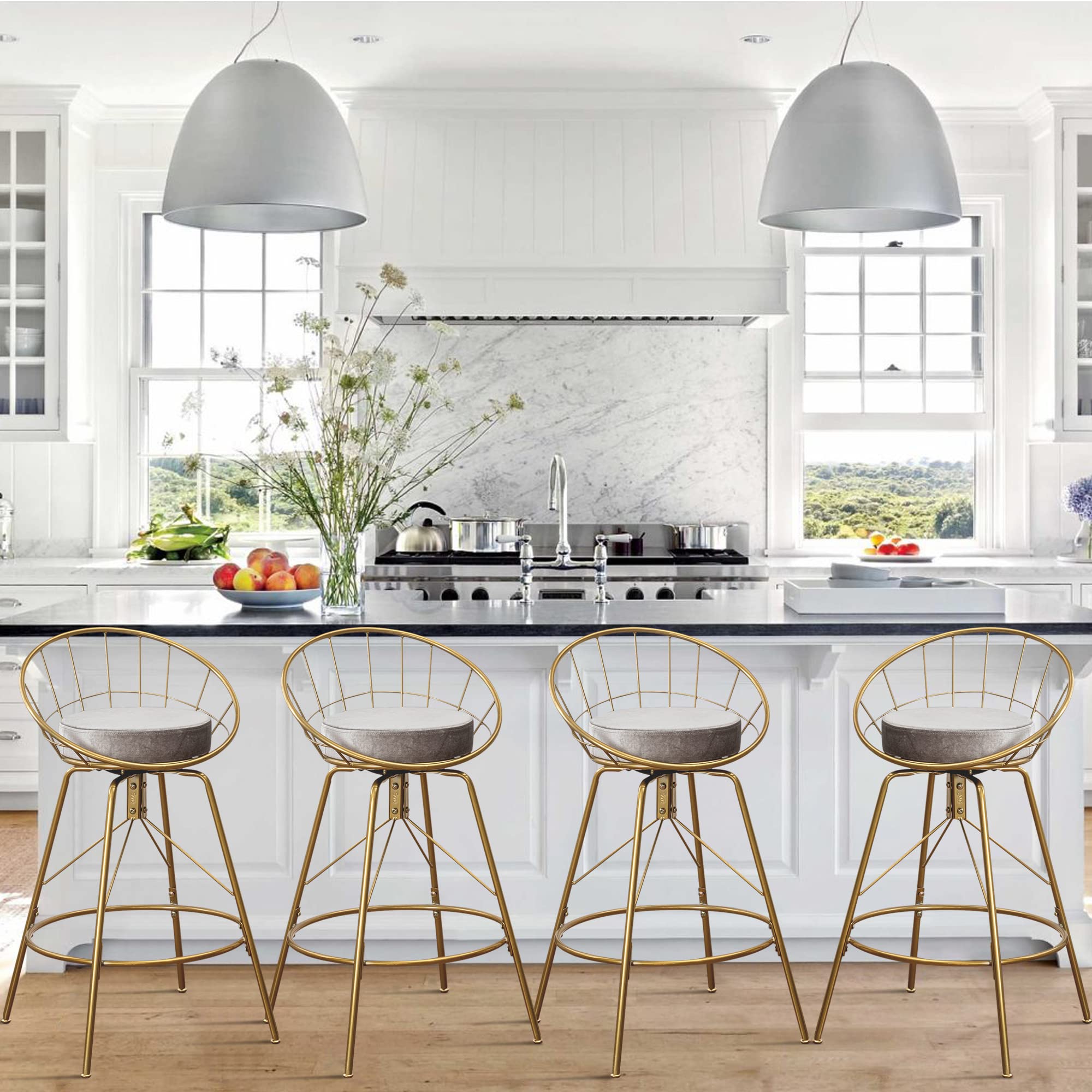 ALISH 24 Inch Swivel Counter Height Bar Stools with Back - Set of 2 Kitchen Bar Chairs (Gold Frame with Gray Cushion) for Dining Room, Kitchen Island & Home Bar Decor