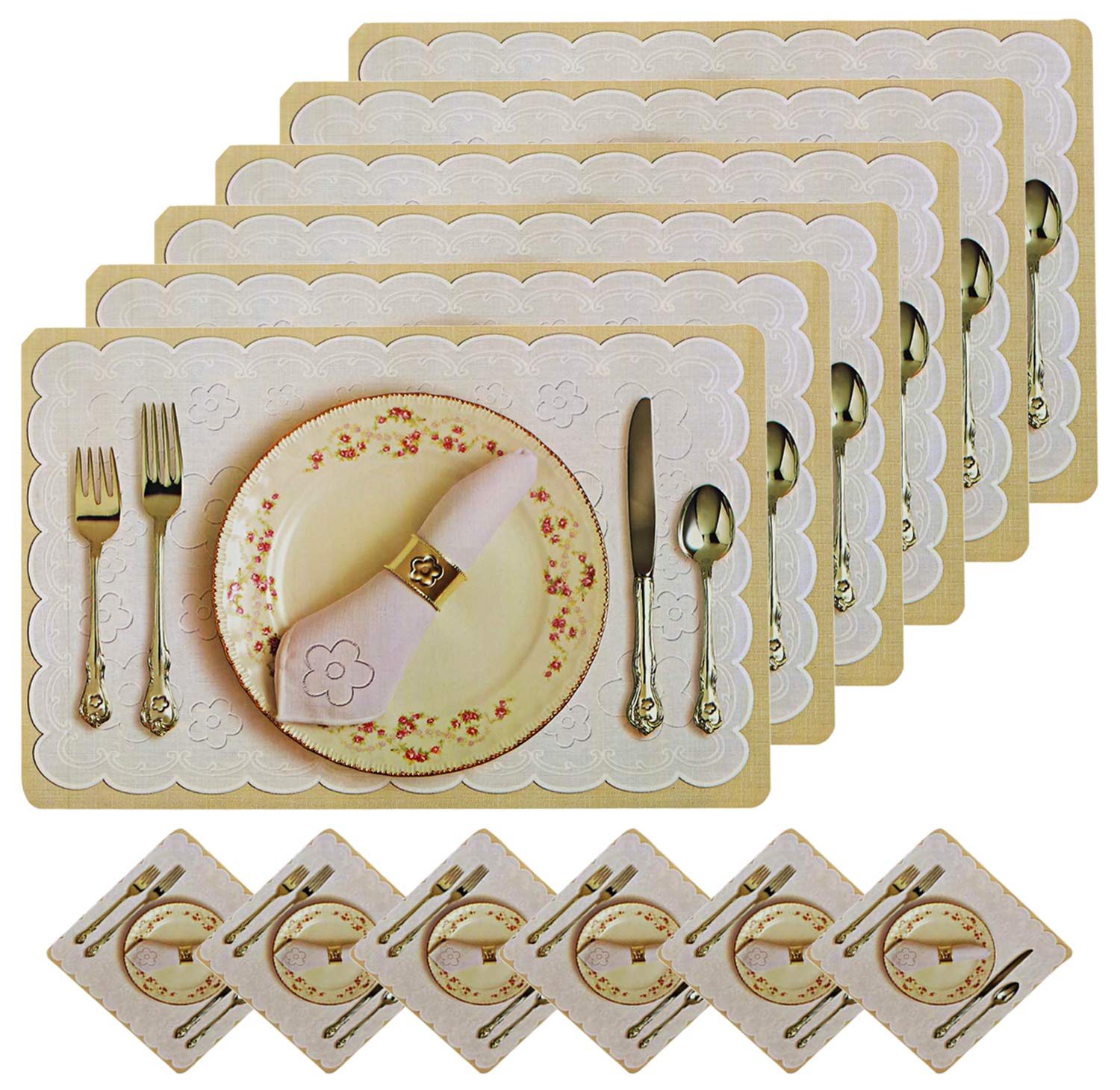 Kuber Industries PVC Floral Dining Table Placemat Set with Tea Coasters - 6 Piece Cream Table Mats for Formal Dining, Kitchen, or Party Decor - Durable Polyvinyl Chloride (PVC) Material