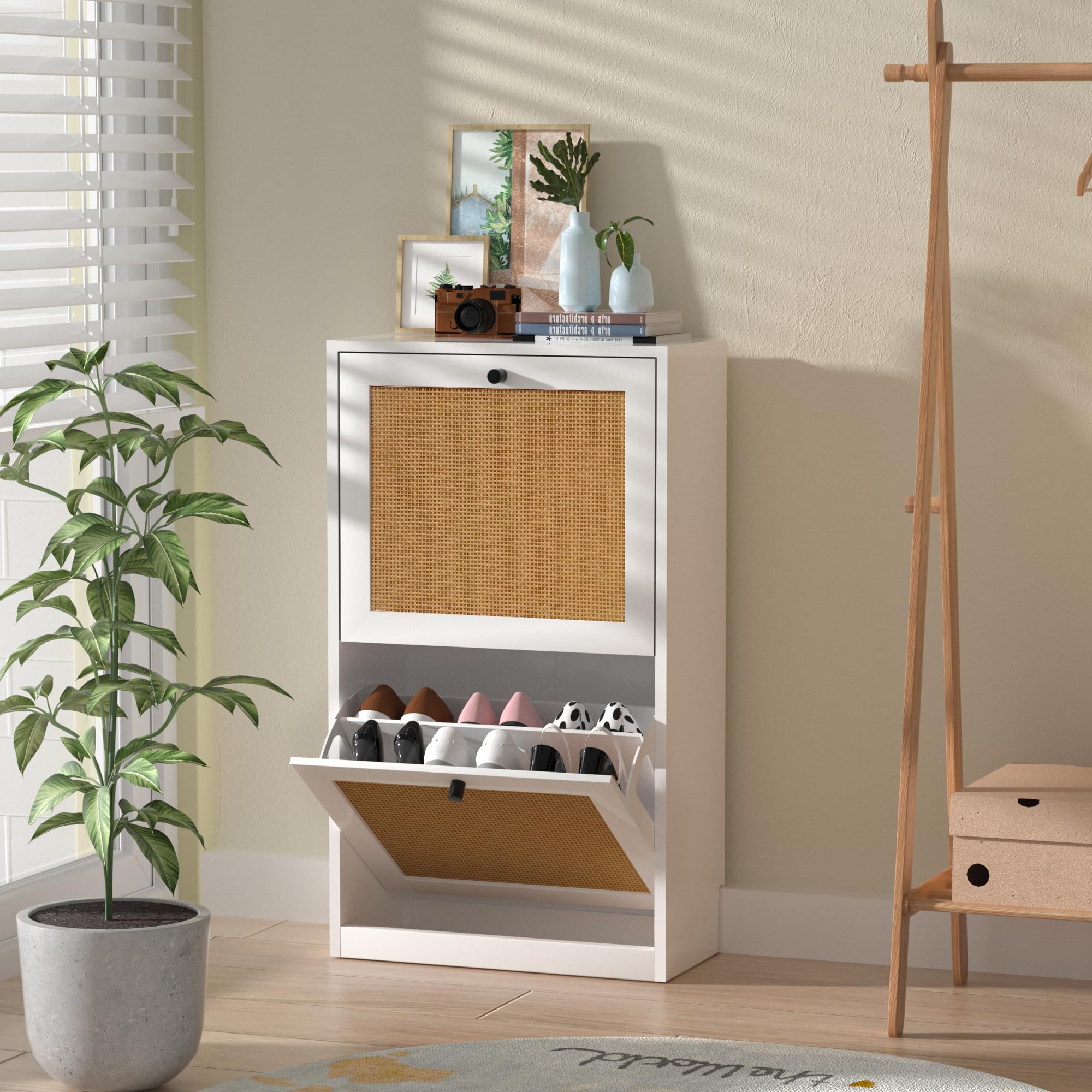 Anmytek White Rattan Shoe Cabinet - 2-Tier Wooden Shoe Rack with 2 Flip Drawers, Entryway Storage Organizer for Hallway, Living Room & Bedroom (Model S0002) - Perfect for Small Spaces, Apartment Entryways & Shoe Organization