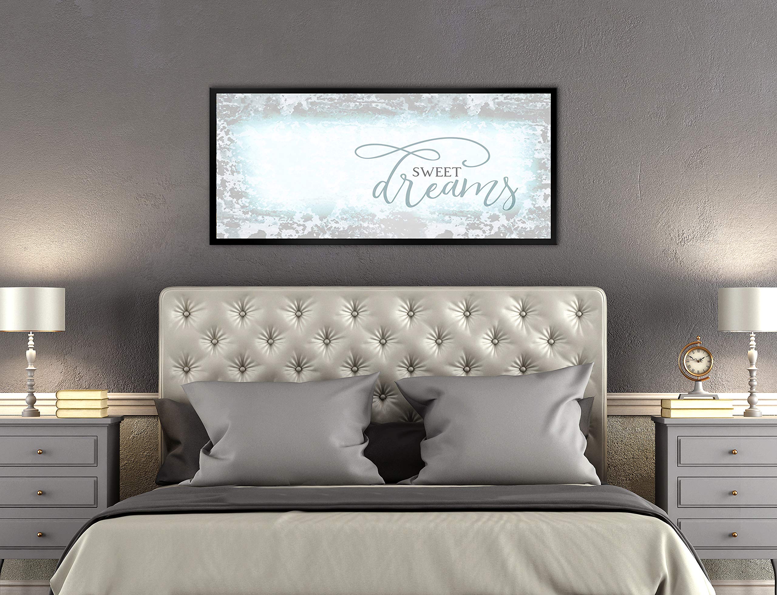 Sweet Dreams Wall Decor - Large Framed Canvas Wall Art for Master Bedroom, Above Bed Decor, Teal & Black Floating Frame 42x19 - Perfect for Cozy Bedroom Ambiance & Relaxing Sleep Space