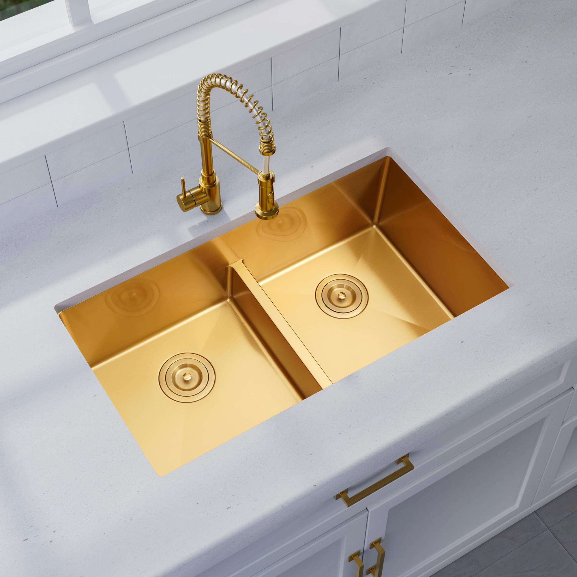Premium 16 Gauge Stainless Steel Undermount Kitchen Sink - 50/50 Double Bowl Gold Finish with Accessories (32