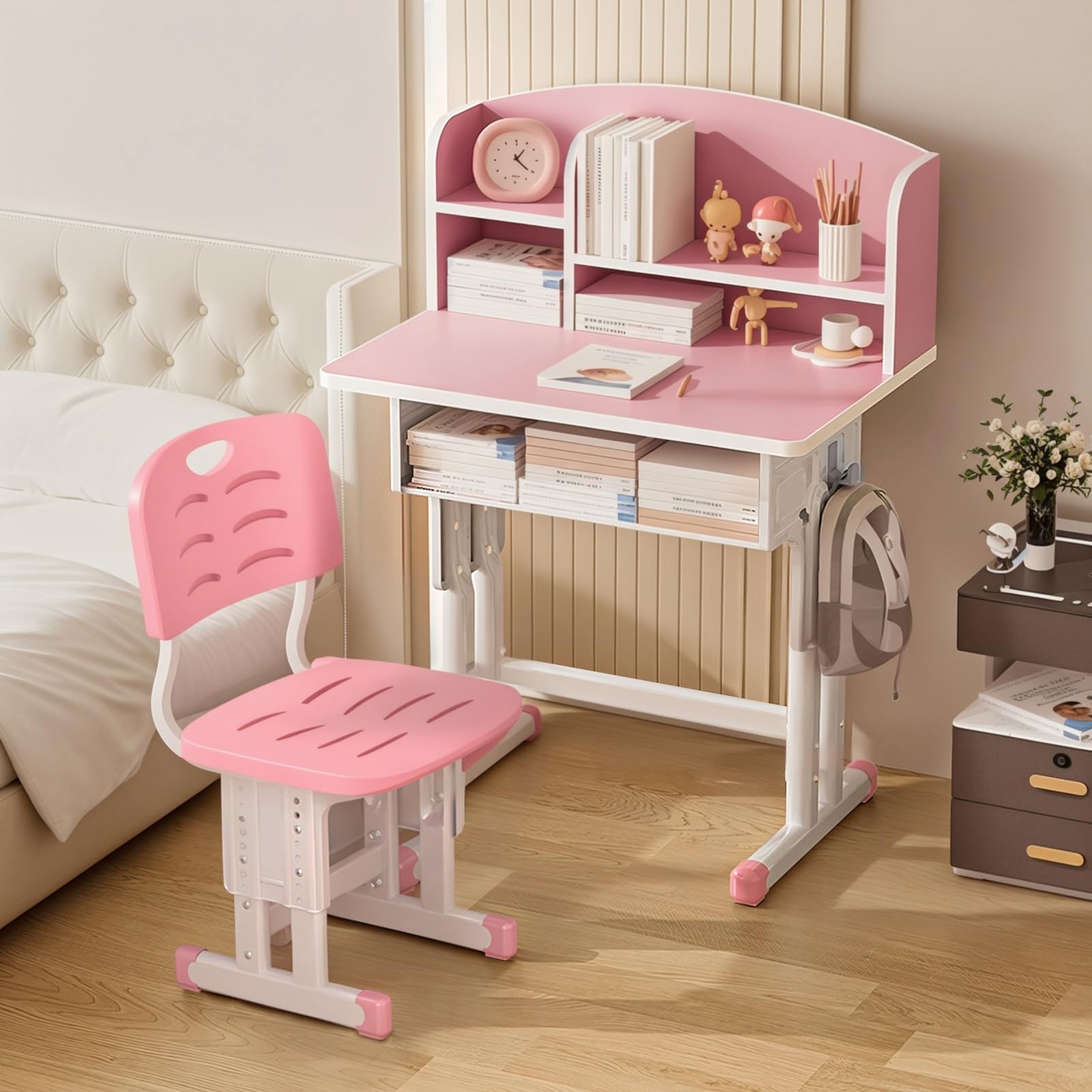 **Ergonomic Adjustable Kids Desk and Chair Set with Storage Drawer & Book Stand - 70cm Pink Study Desk for Home or School - Perfect for Homework, Reading & Online Learning**