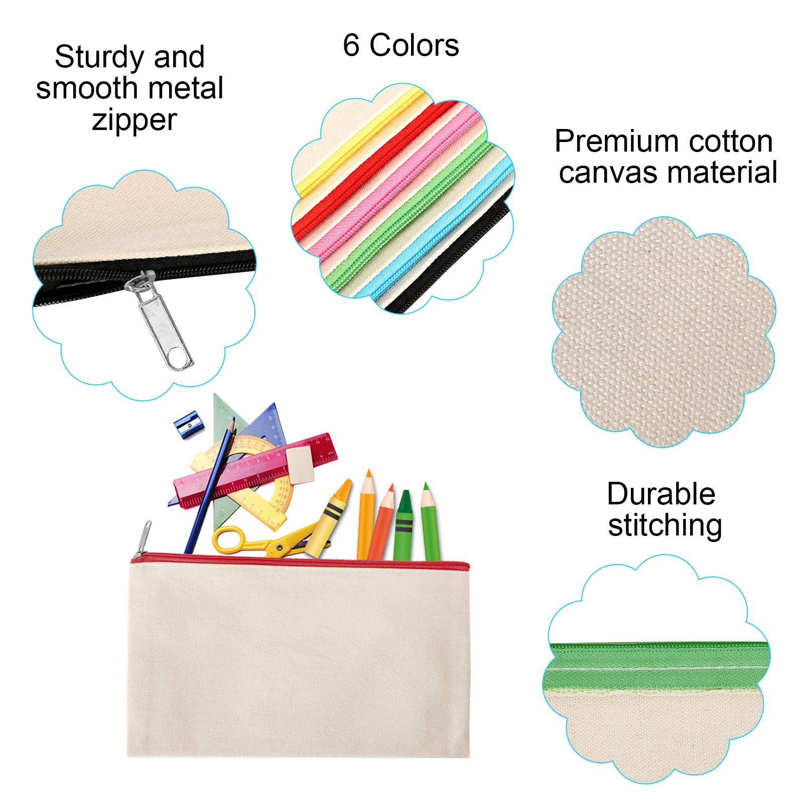 12-Piece Cotton Canvas Makeup Bags Set - Waterproof Travel Cosmetic Organizer with Zipper, DIY Blank Pouch for Toiletries, Pencils & Crafts (Large) - Perfect for Travel, School & Gift Giving