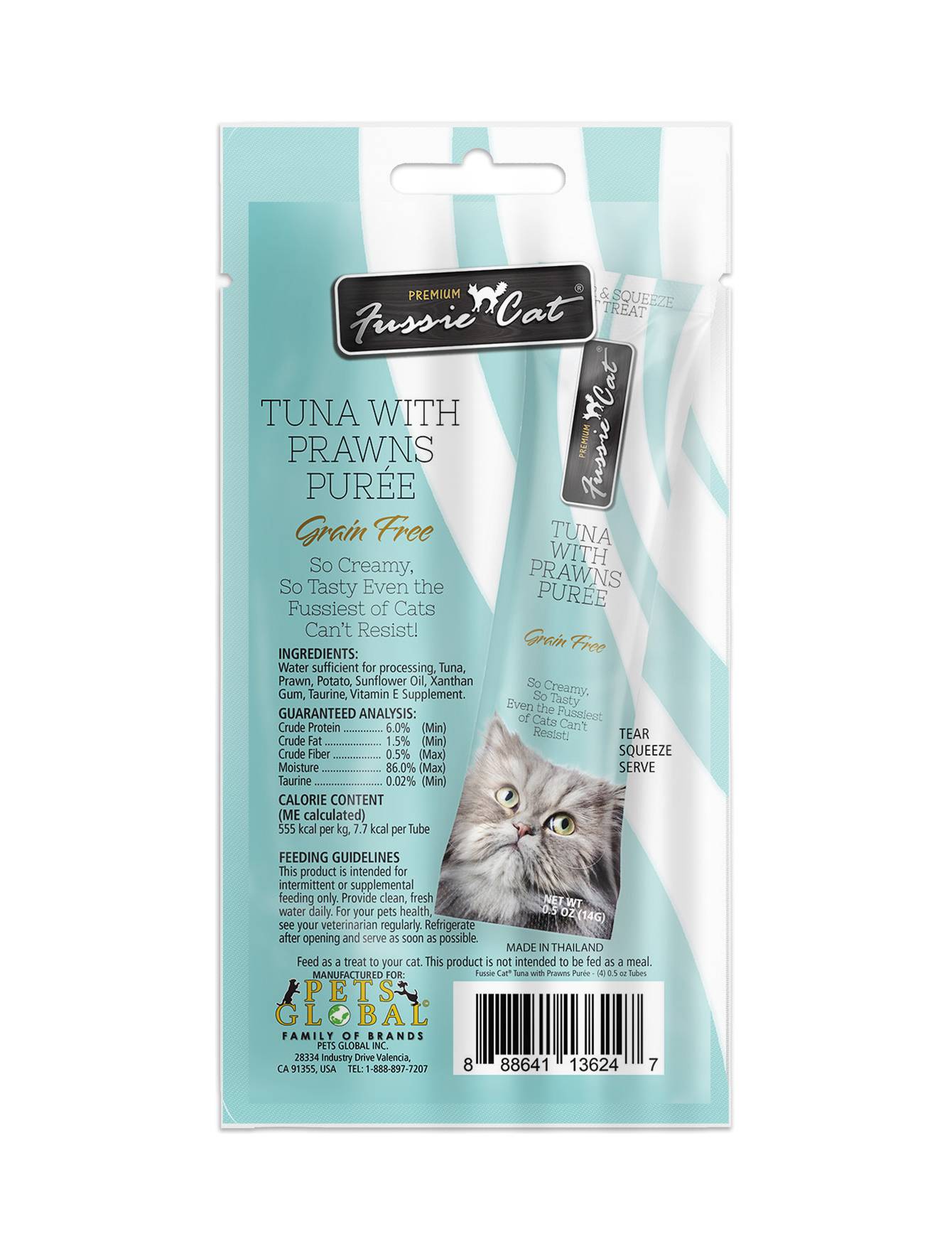 Premium Fussie Cat Puree Tuna with Prawns Cat Treat - 14g x 4 Pack - Grain-Free Wet Food for Kittens & Adult Cats - Perfect for Training, Rewards & Mealtime Toppers