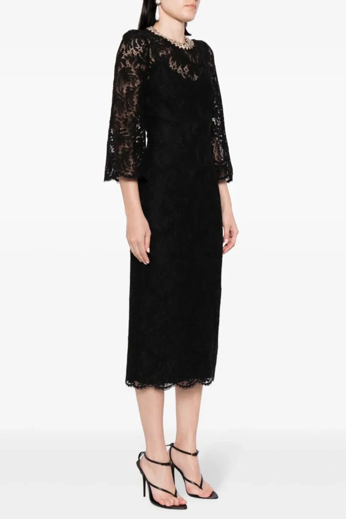 Elegant Black Lace Crystal Embellished Midi Dress for Women - Perfect for Evening Parties, Weddings & Special Occasions