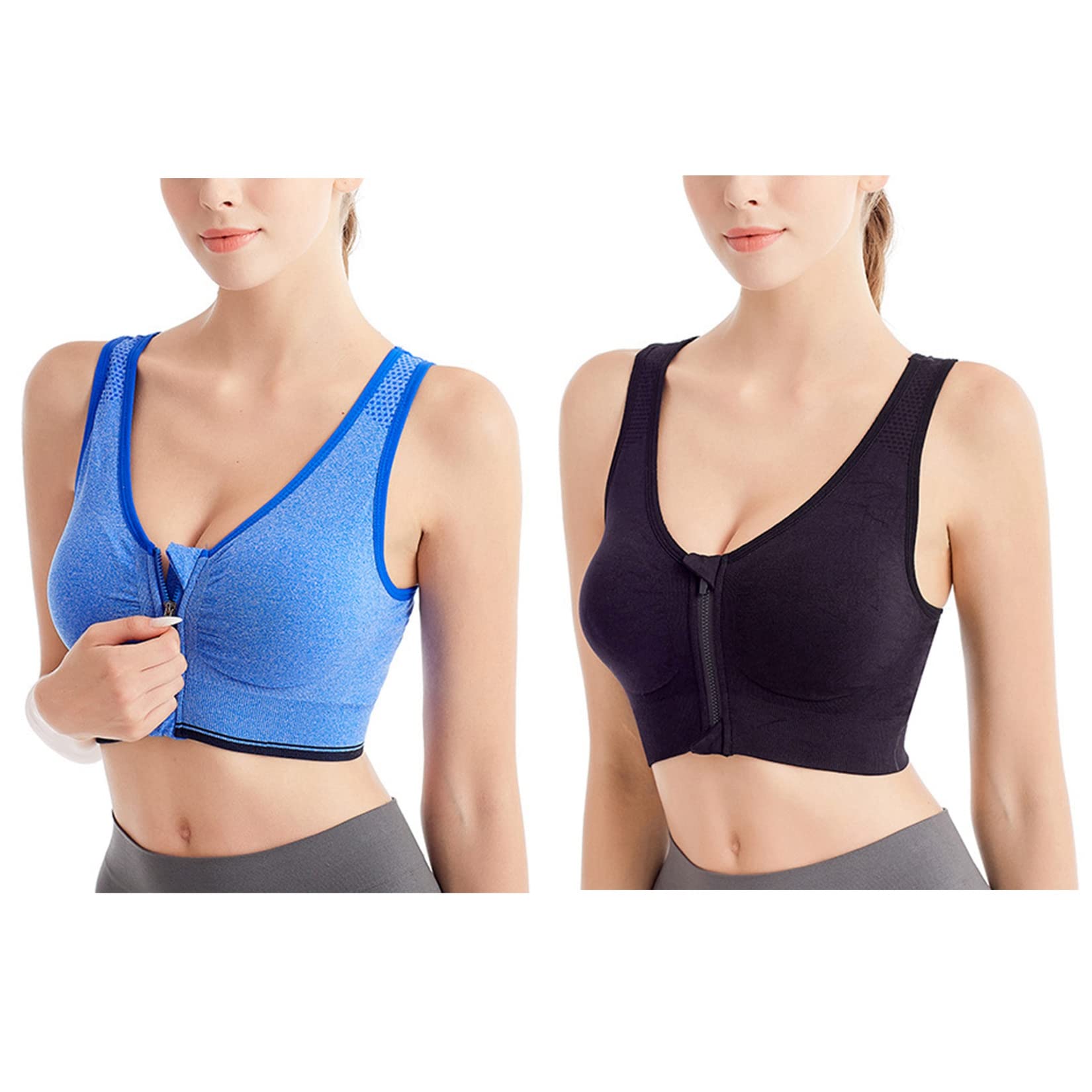 Plus Size Sports Bras for Women - High Impact Zip Front Yoga Bra (2-Pack) for Fitness & Workouts