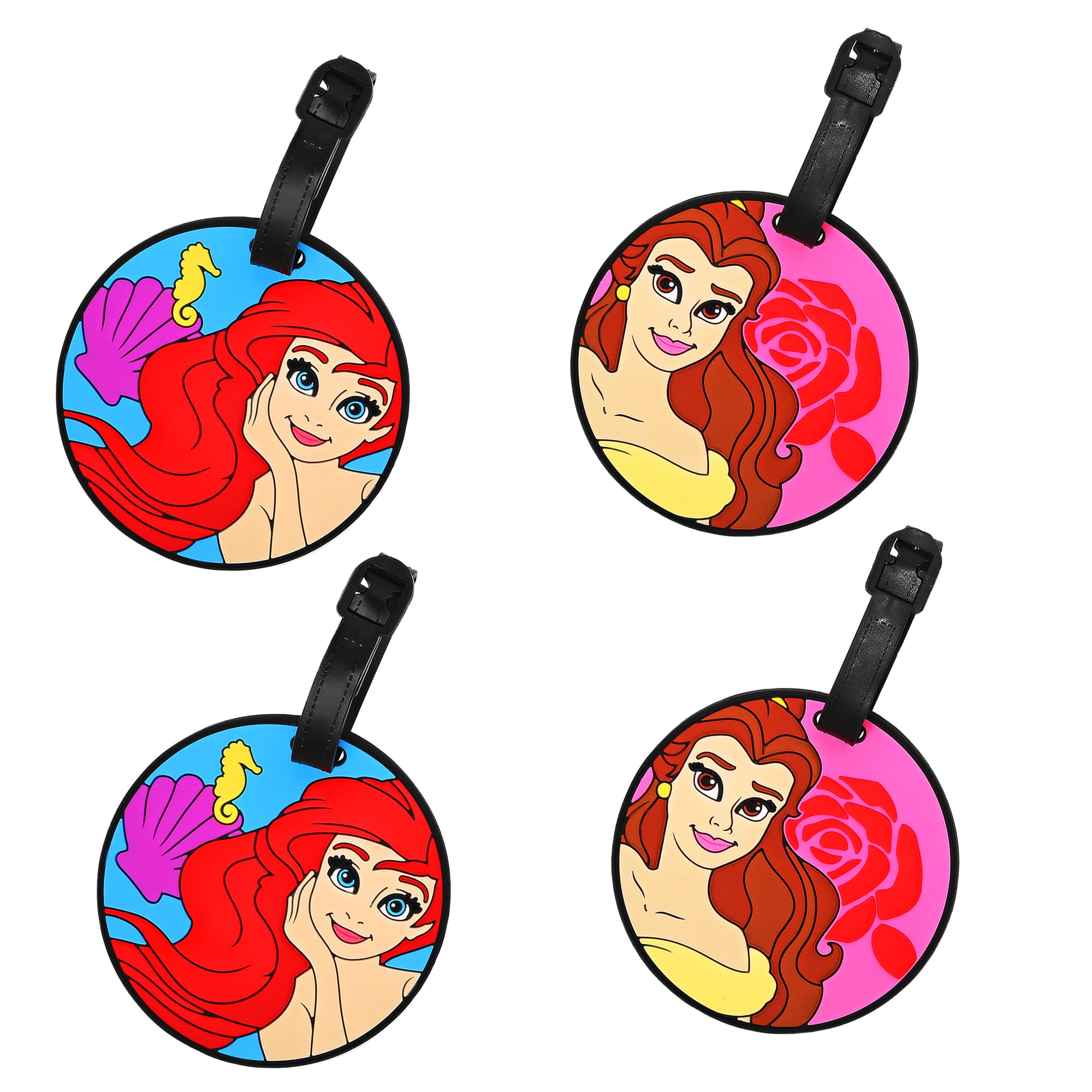 Disney Princess PVC Luggage Tags 4-Piece Set - Belle & Ariel Suitcase ID Tags for Travel - Durable Disney-Themed Baggage Tags for Kids & Adults - Perfect for Airports, Cruise Ships & Family Vacations