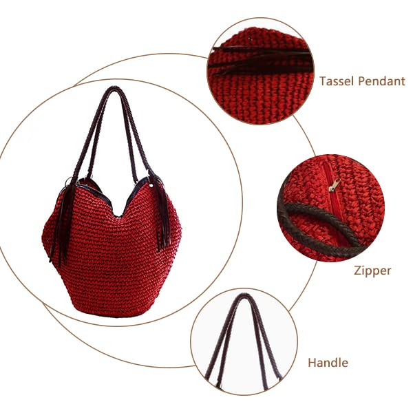 Boho Straw Shoulder Bag with Leather Tassels - Summer Beach Tote for Women