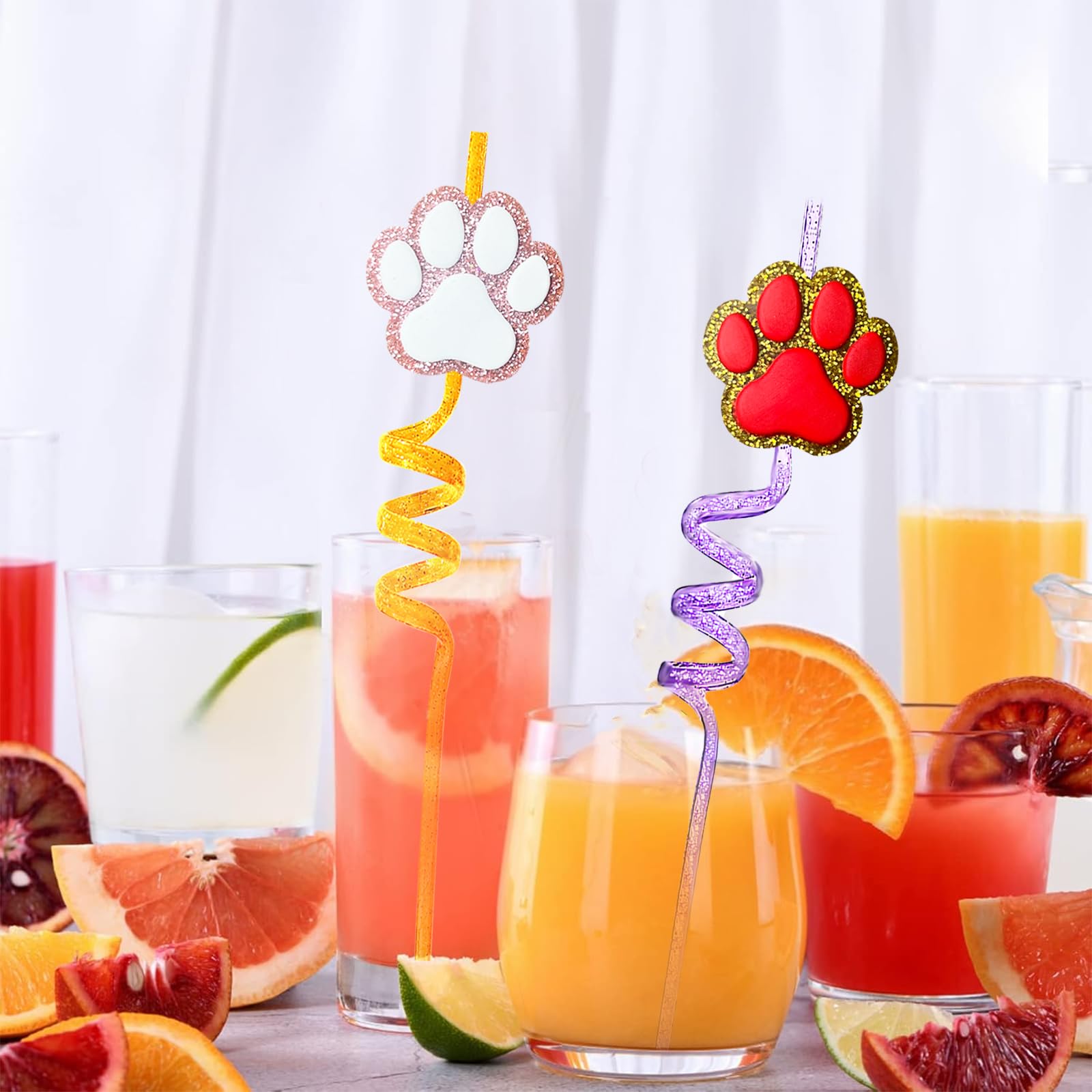 24 Pack Glitter Paw Print Drinking Straws + 2 Cleaning Brushes - Reusable Pet-Themed Straws for Dog Puppy Cat Birthday Parties, Baby Showers & Special Events - Fun Party Decorations & Drinkware Supplies