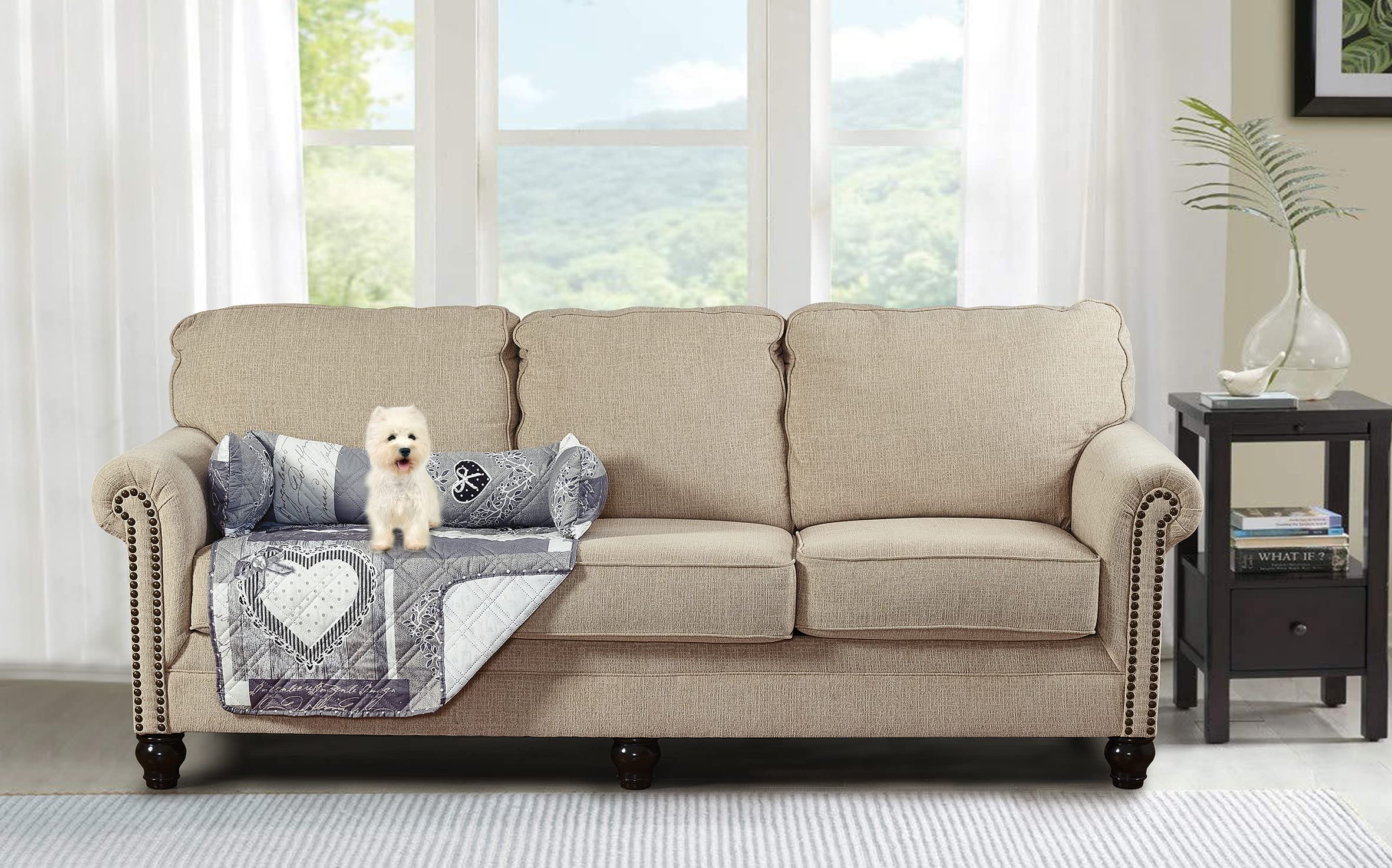 Quilted Calming Dog Bed Mat with Removable Washable Cover - Soft Cushion Protector & Couch Cover for Dogs, Cats & Pets (Medium Size, Grey Heart Patchwork) - Perfect for Anxiety Relief & Cozy Napping at Home