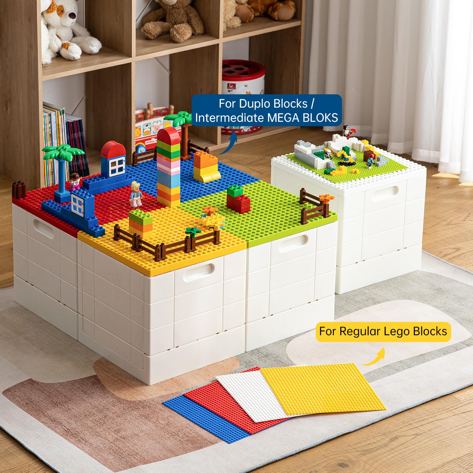 SHIMOYAMA 26 Qt Folding Storage Box with Building Baseplate Lid - Collapsible Toy Organizer for Duplo Blocks & Mega Bloks - 25L Kids Bricks Storage Bin (Yellow) - Perfect for Playroom Organization & LEGO Storage Solutions