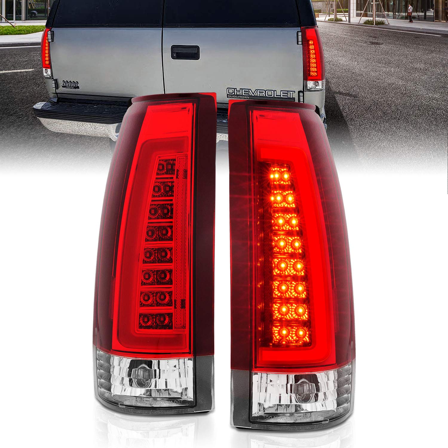 1999-1988 Chevy GMC C/K Silverado Suburban SUV LED Tail Lights - Crystal Red C-Type Tube Design (Pair) for Enhanced Visibility & Style - Perfect for Night Driving & Custom Truck Upgrades