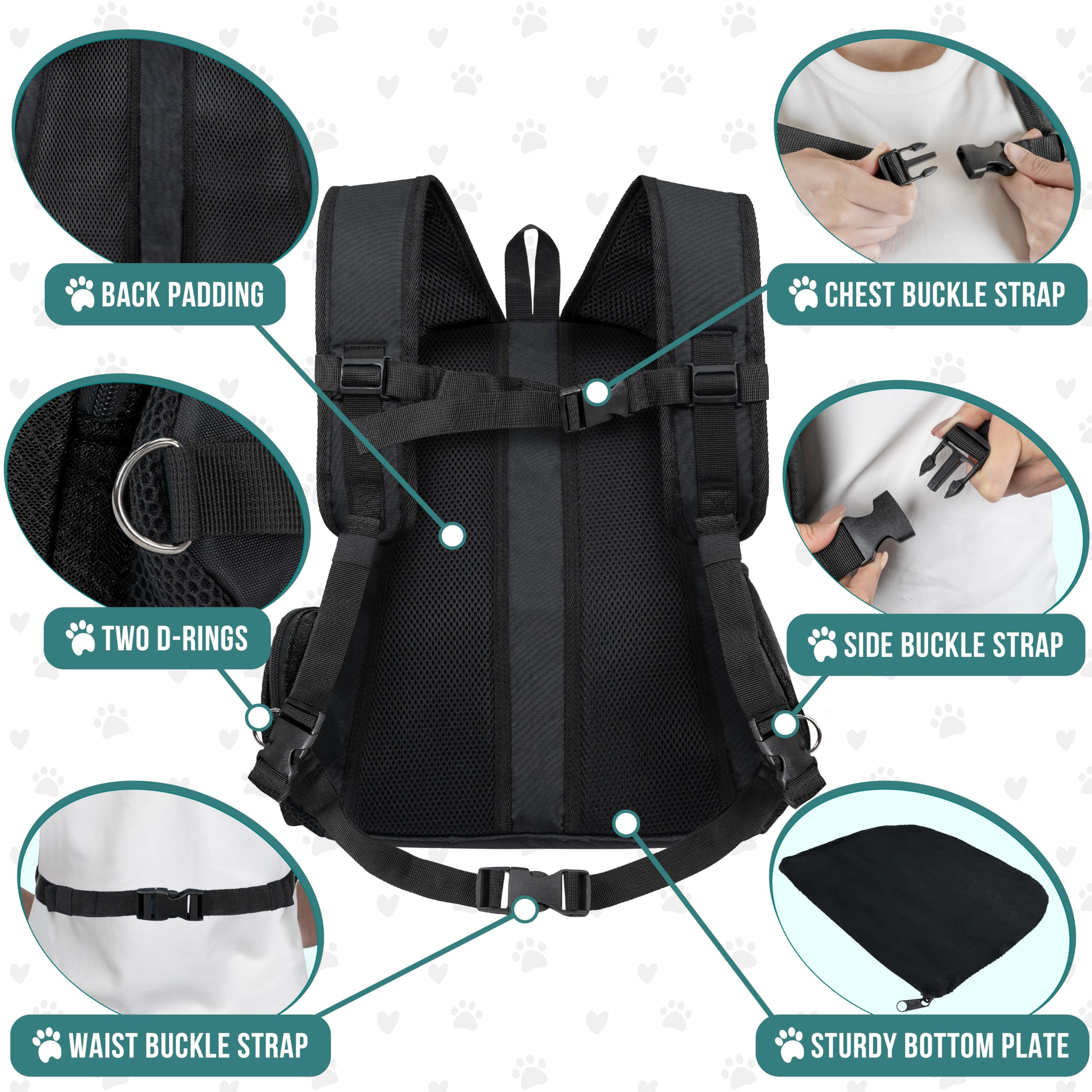 PetAmi Adjustable Dog Carrier Backpack - Ventilated Pet Chest Carrier for Small Dogs & Cats up to 14 lbs - Perfect for Hiking, Camping & Travel - Black