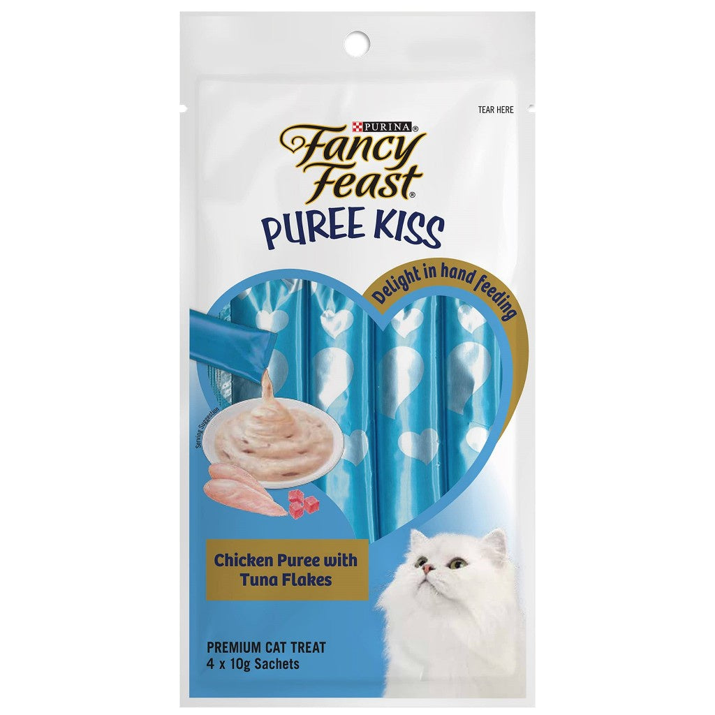 Purina Fancy Feast Puree Cat Treats - 10g x 4 Pack with 3 Delicious Flavors (Tuna, Salmon, Chicken) - Perfect for Rewarding & Bonding with Your Feline Friend at Home or Travel