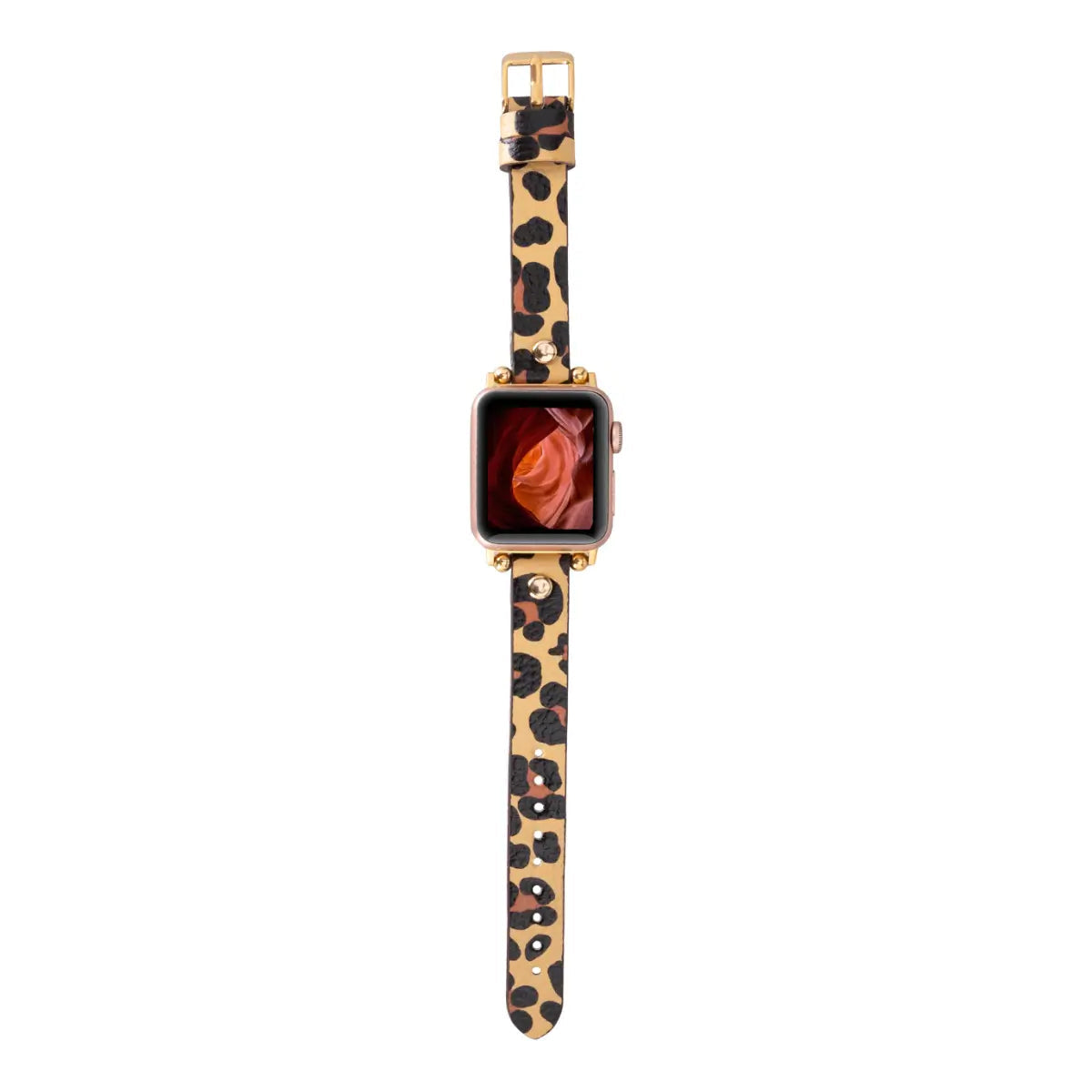 Leopard Print Genuine Leather Ultra Slim Apple Watch Band with Gold Rivets - Stylish & Durable for Workouts, Office & Everyday Wear