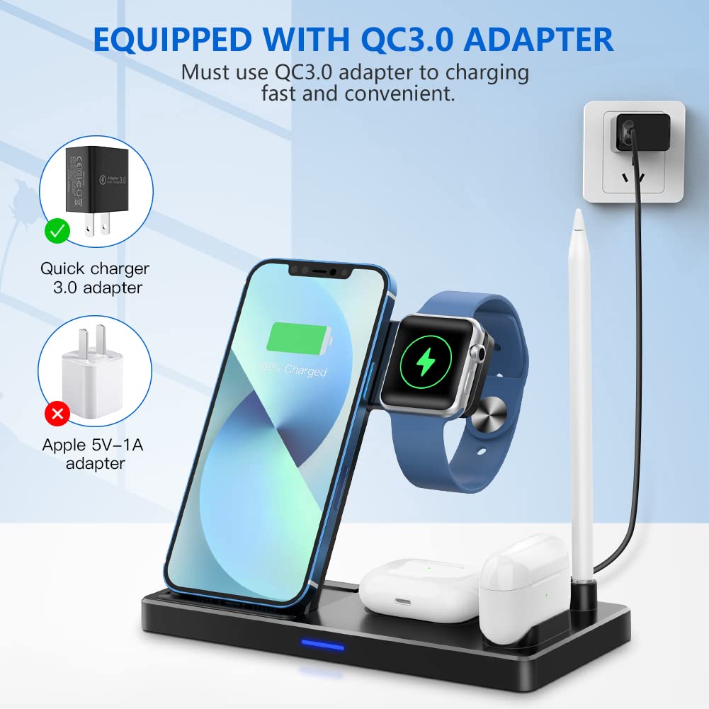 WAITIEE 5-in-1 Wireless Charging Station - Fast Qi Charger Dock for iPhone 13/12/11 Series, Apple Watch SE/7/6/5/4/3/2, AirPods Pro/3/2/1 & Apple Pencil | Compact Multi-Device Charging Stand for Home, Office & Travel (Black)