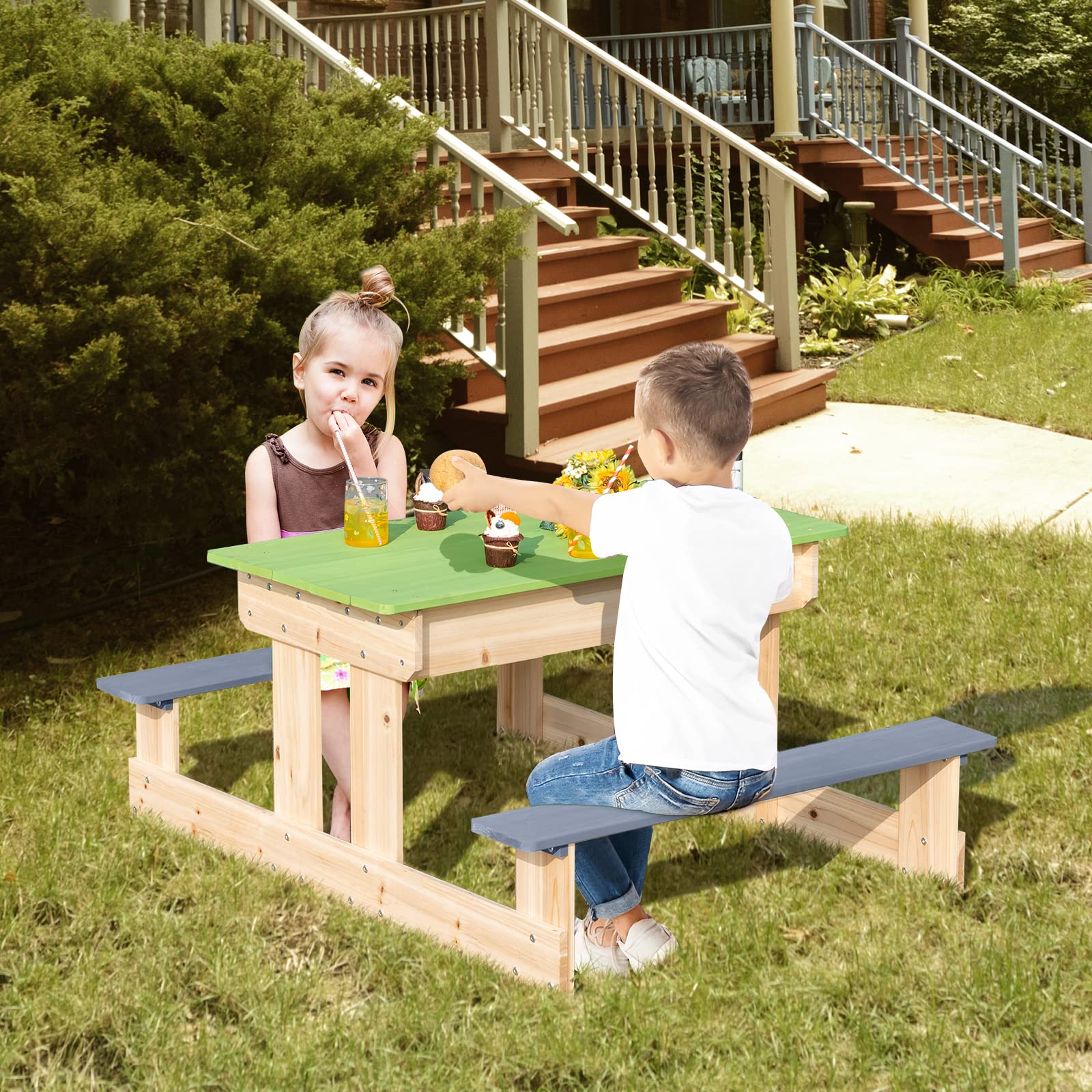Costzon 3-in-1 Kids Picnic Table with Sand & Water Play - Convertible Wooden Activity Table with Removable Top, 2 Storage Boxes & Bench Set for Indoor Outdoor Use - Perfect for Backyard, Patio, Yard & Playroom (Natural)