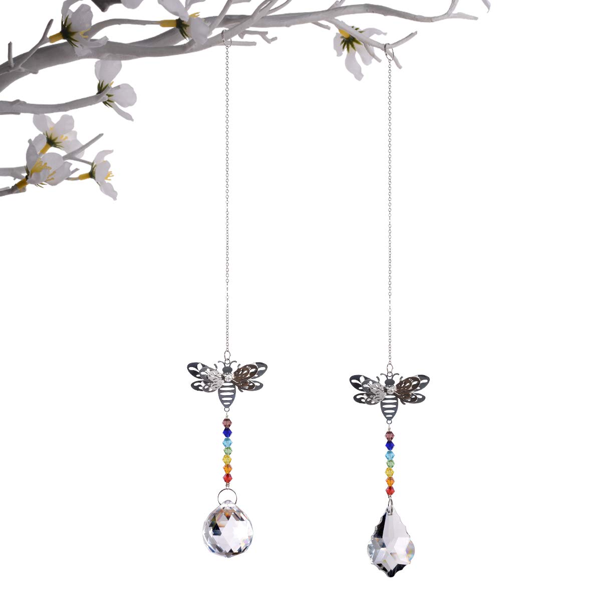 2 Pack Crystal Glass Bee Suncatchers - Rainbow Maker Window Prisms for Home Decor, Gifts & Garden Ornaments - Creates Beautiful Rainbows in Sunrooms, Nurseries and Outdoor Spaces