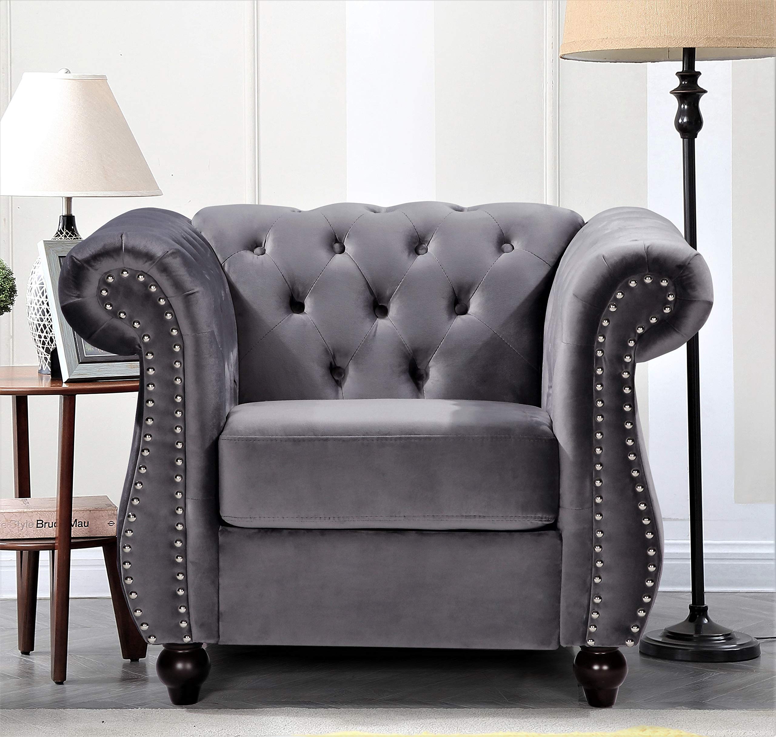 Premium Velvet Chesterfield Sofa with Diamond Tufting & Nailhead Trim - Modern Living Room Couch with Sturdy Metal Frame - Elegant Gray Upholstered Furniture for Home, Office or Lounge Decor