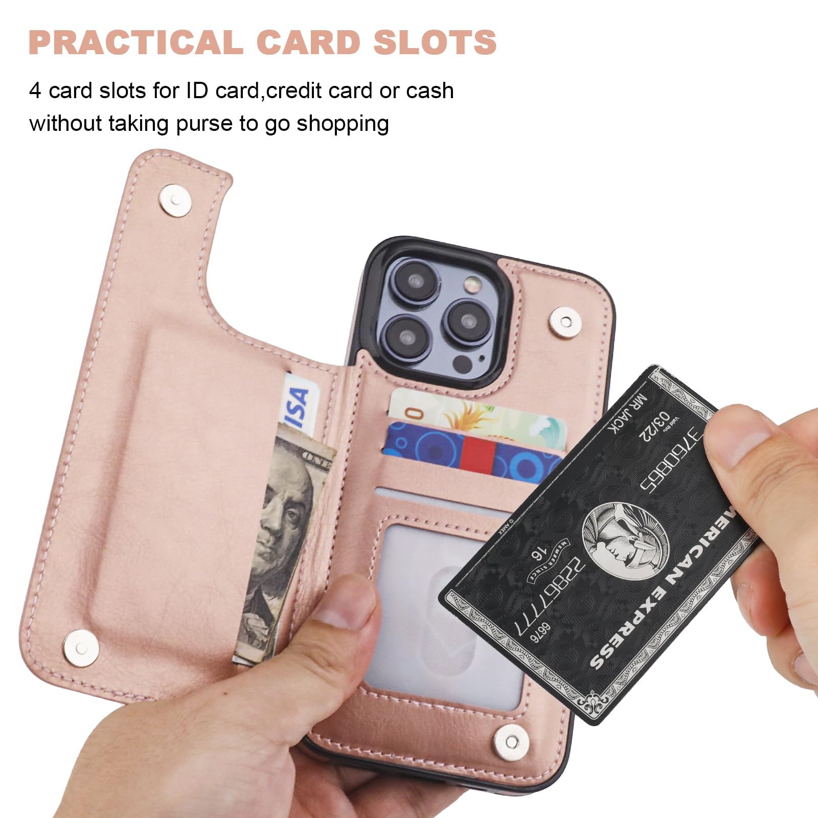 iPhone 15 Pro Max Wallet Case with Card Holder & Kickstand - PU Leather Magnetic Clasp Shockproof Cover for 6.7