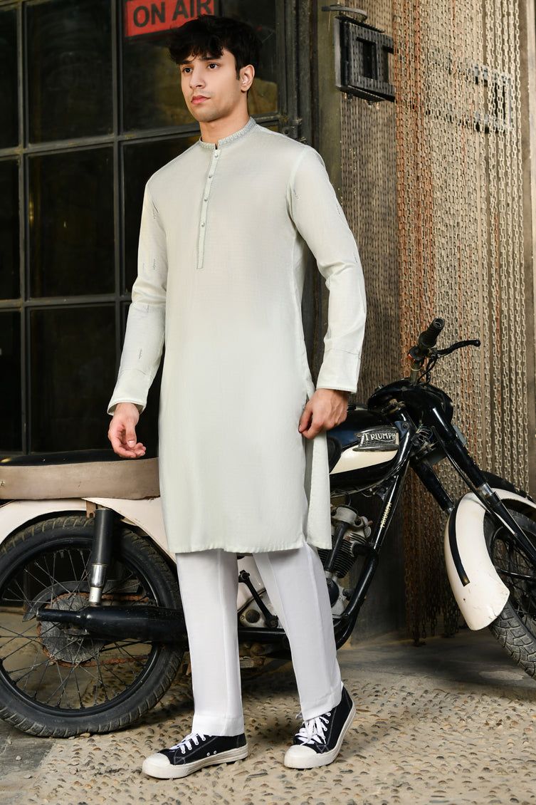 Light Green Cotton Kurta by J. Junaid Jamshed - Comfortable Traditional Pakistani Dress for Men, Perfect for Eid, Weddings & Casual Wear